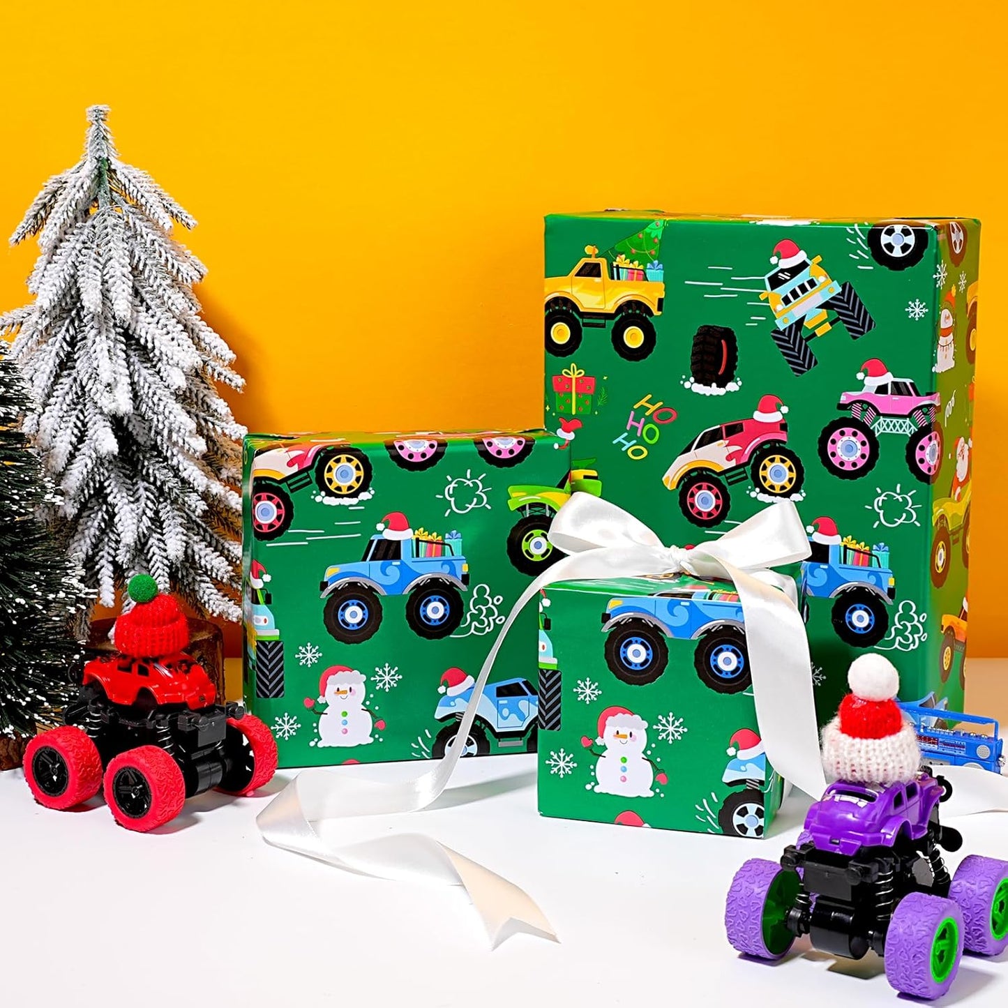 LaRibbons Monster Truck Christmas Wrapping Paper Mini Roll, Monster Truck, Santa and Christmas Trees Design, Fun Holiday Gift Wrap for Kids, Boys, Baby, 17" x 33'(46.7 sq. ft)