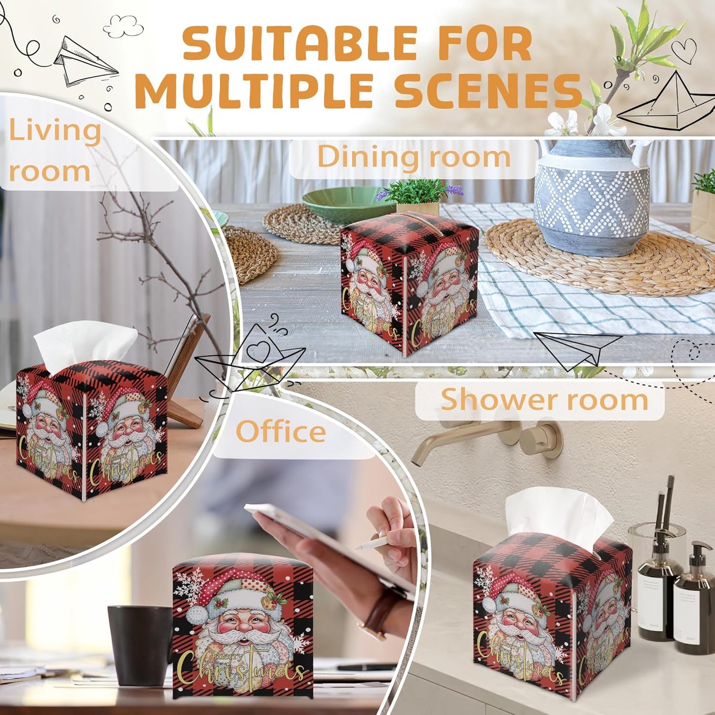 Merry Christmas Tissue Box Holder, Santa Claus Red Checkered Leather Tissue Box Cover Square, Paper Facial Decorative Tissues Cover for Night Stands Bathroom Office Home Decor-B16