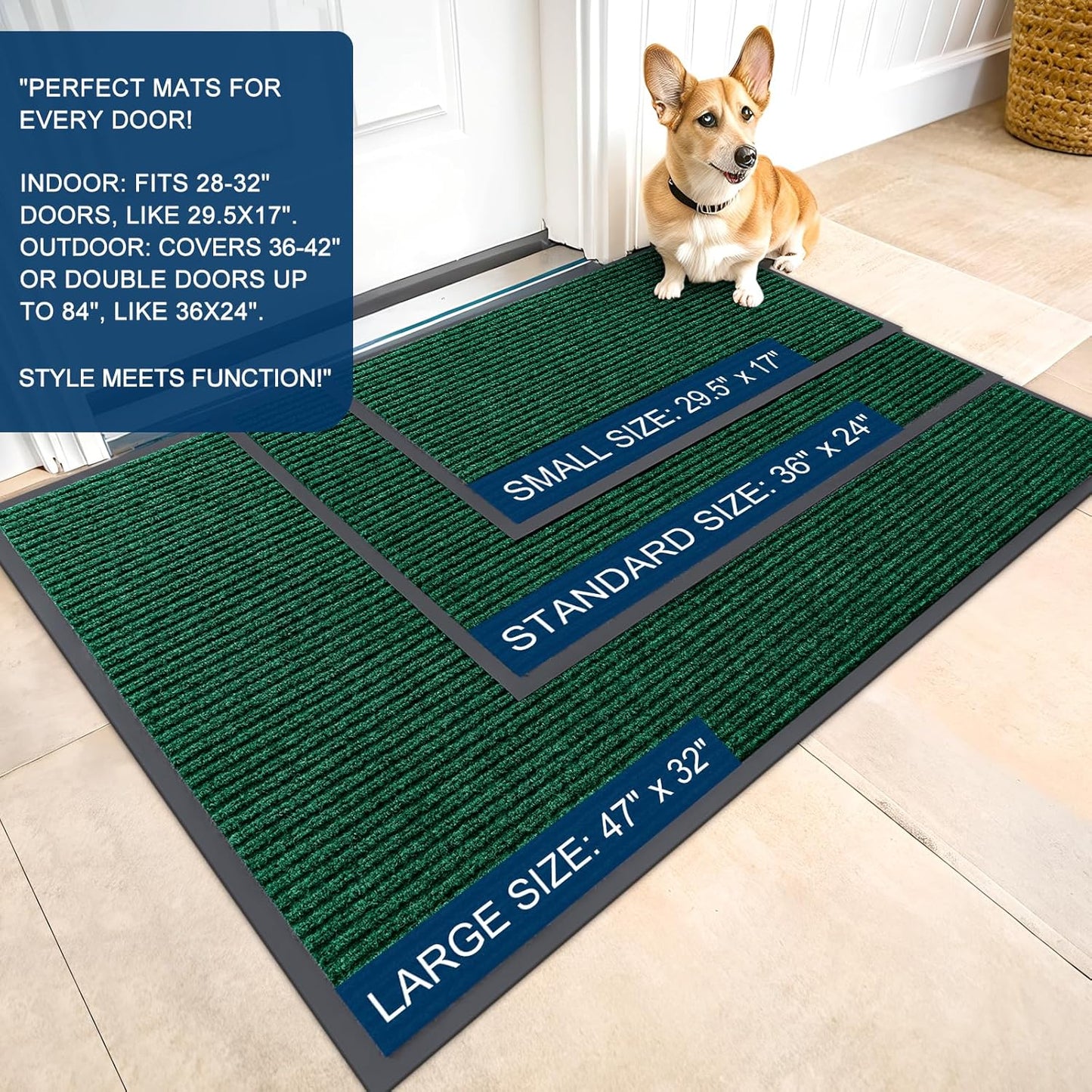 OLANLY Front Door Mat Indoor Outdoor Entrance, Waterproof Heavy Duty Doormat, Fade Resistant, Low Profile, Easy Clean Patio Porch Welcome Floor Mats for Entry, 35x23, Green