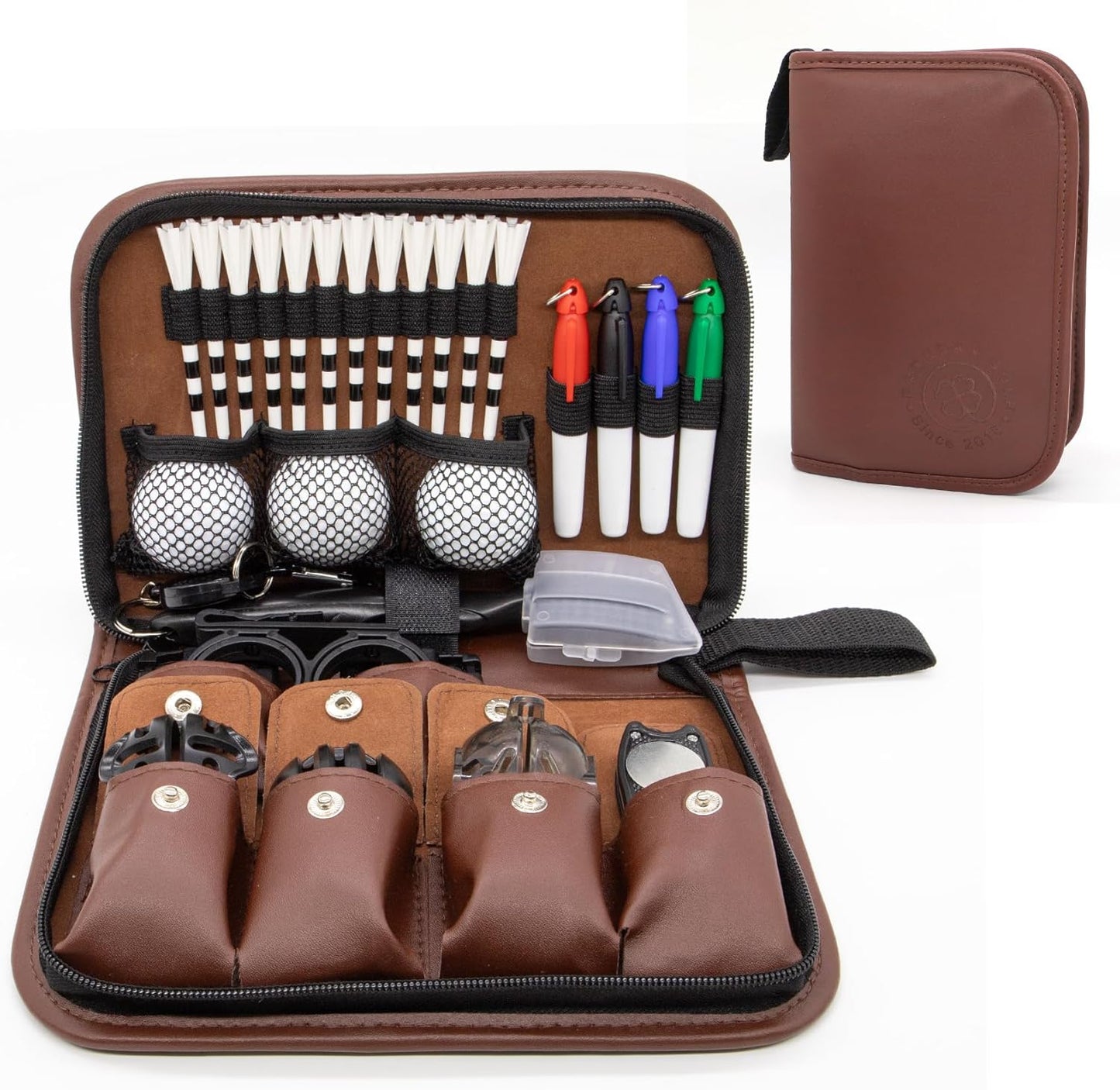 Golf Accessories for Men and Women, Golf Gifts for Him with Leather Case, Golf Brush, Golf Balls, Golf Tees, Golf Ball Clamp, Golf Divot, Golf Ball Line Marker Tool,Golf Ball Marking Stencils (Brown)