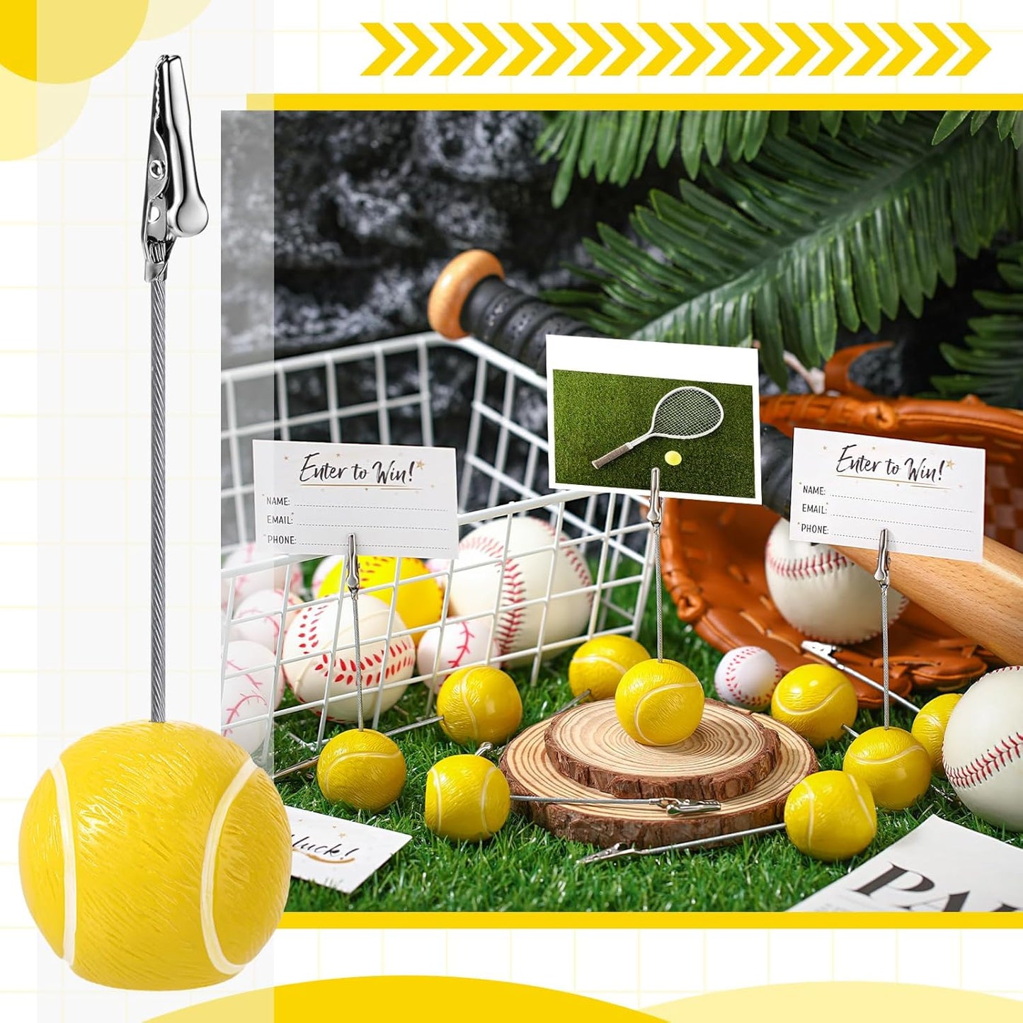 Jetec 12 Pcs Resin Sports Ball Base Memo Clips with Alligator Wire Table Number Card Place Holders Photo Stand for Office Menu Wedding Party Events Decoration (Tennis)