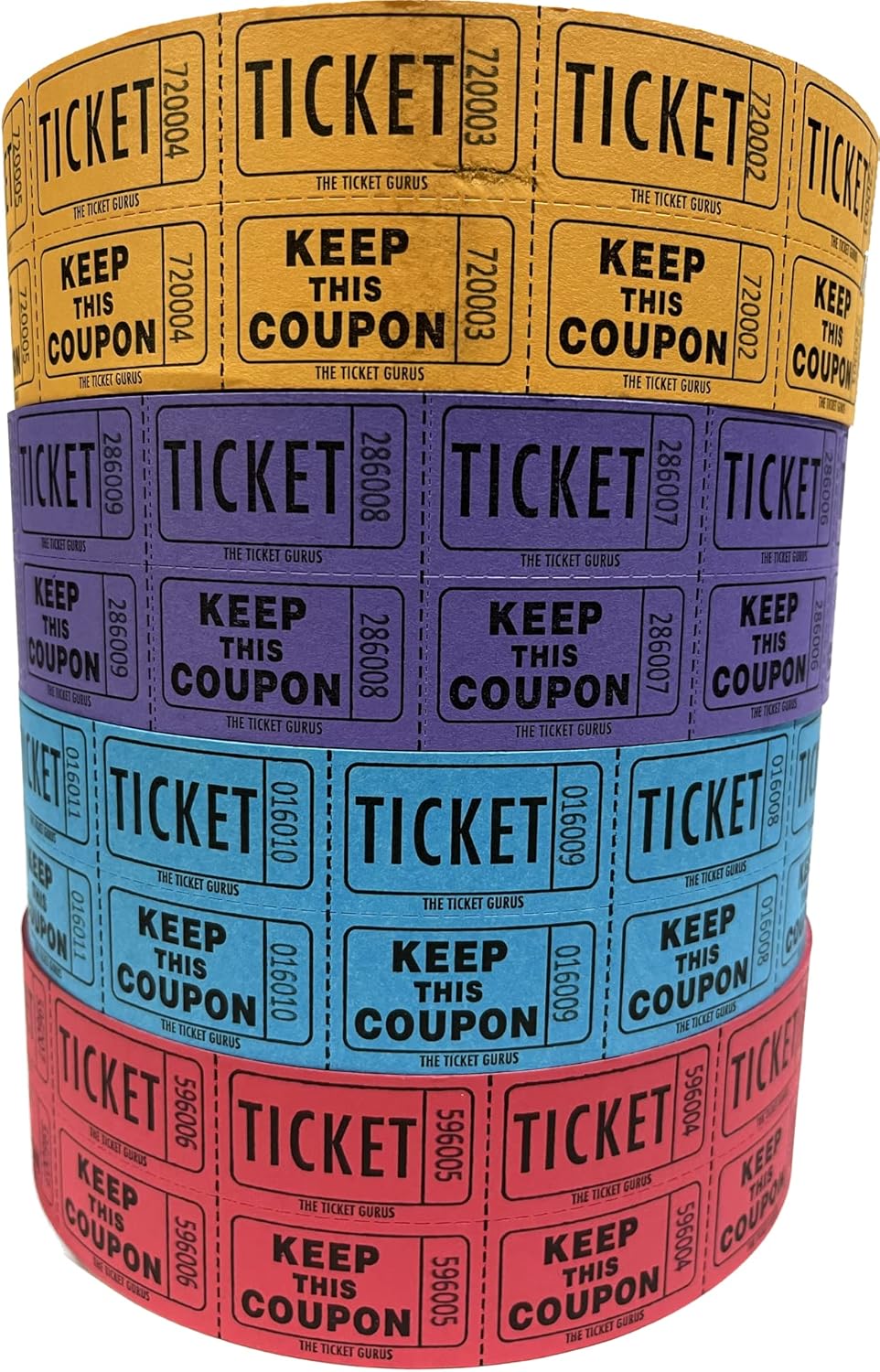 The Ticket Gurus-Raffle Tickets - (4 Rolls of 2000 Double Tickets) 8,000 Total 50/50 Raffle Tickets (Purple/Blue, Orange, Red)) …