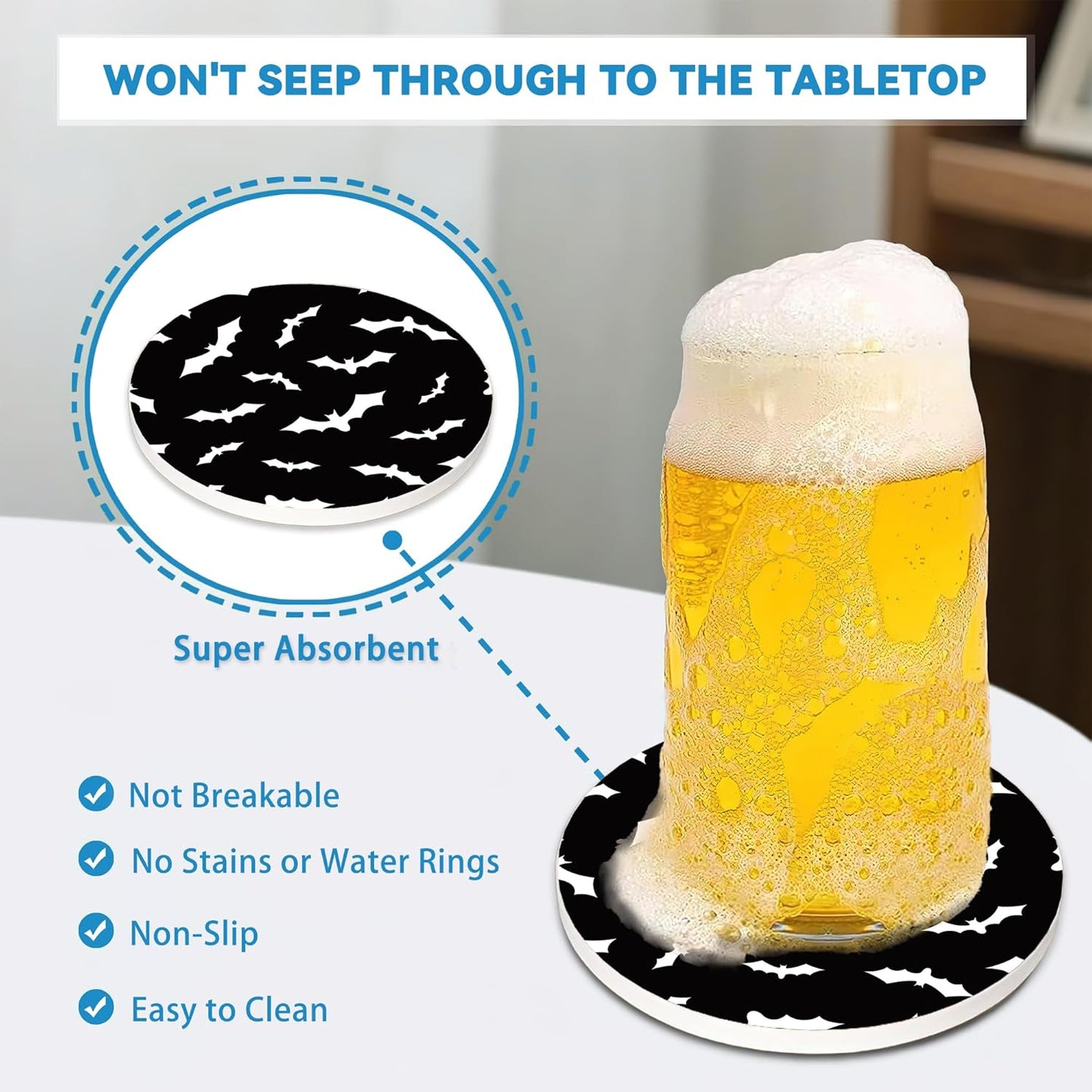 Drinks Coasters Set of 4, Bat Round 4" Cup Coasters, Absorbent Ceramic Stone Coasters with Cork Base, Cute Coasters for Table Home Décor, Ideal Gifts for Women Men