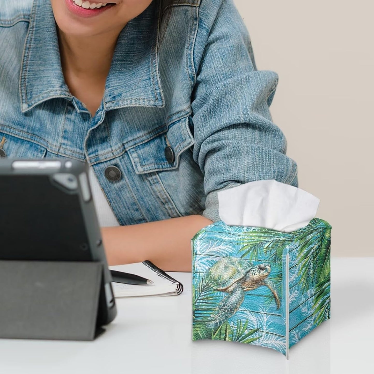 Sea Turtle Tissue Box Cover Waterproof Square PU Leather Facial Tissue Box Holder for Dresser Bathroom Decor Foldable Easy to Storage or Take