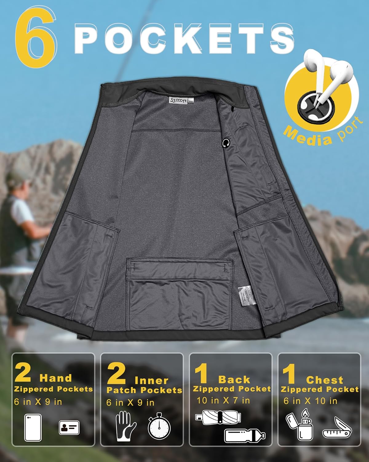 33,000ft Men's Windproof Lightweight Golf Vest Outerwear with Pockets, Softshell Sleeveless Jacket for Running Hiking Sports