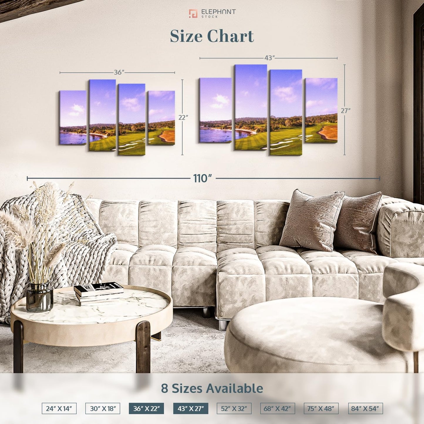 Elephant Stock Coastline Green Golf Course Wall Art - Horizontal Canvas - 4-Piece Living Room Wall Decor - Photography Sports Canvas Print - Blue and Gray Decor for Wall - 43" X 27"