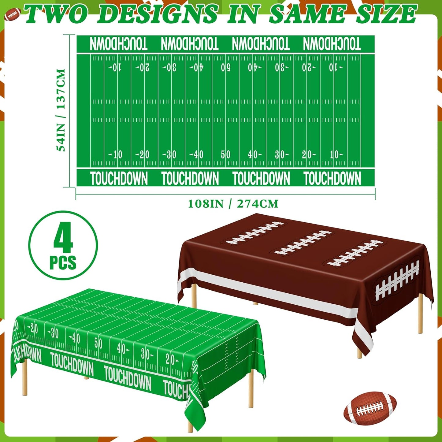 QZYL Football Party Supplies, Disposable Football Tablecloth, 4 PCS Table Cloth with 2 Styles, Touchdown Theme Tablecloths, Plastic Table Runner for Game Day Party Decorations