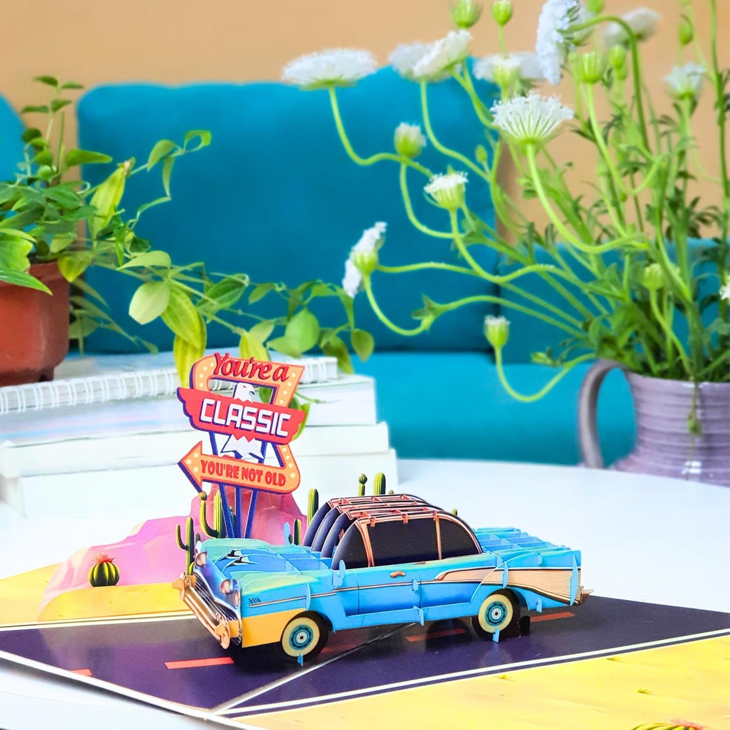 HEARTAGS- Pop Up Birthday Card for Men, Classic Car Birthday Card For Dad, Husband, Brother, Son, Grandpa, 3D Popup Greeting Cards Size 6x8 inches Includes Message Note and Envelop