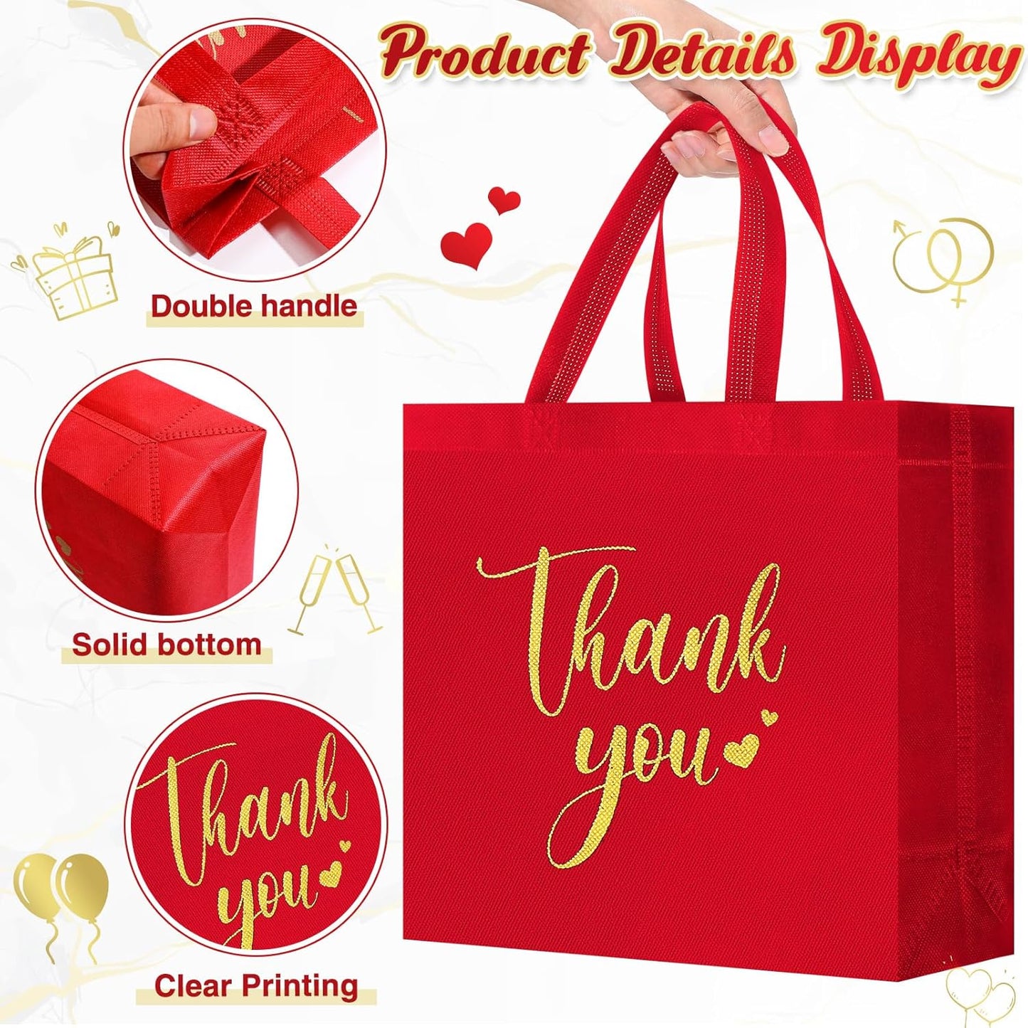 Sweetude 30 Pcs Thank You Gift Bags with Handles Bulk Reusable Goodie Bag Non Woven Foldable Handbag for Graduation Wedding Bridesmaid Gifts(11 x 12 x 5 Inch,Red)