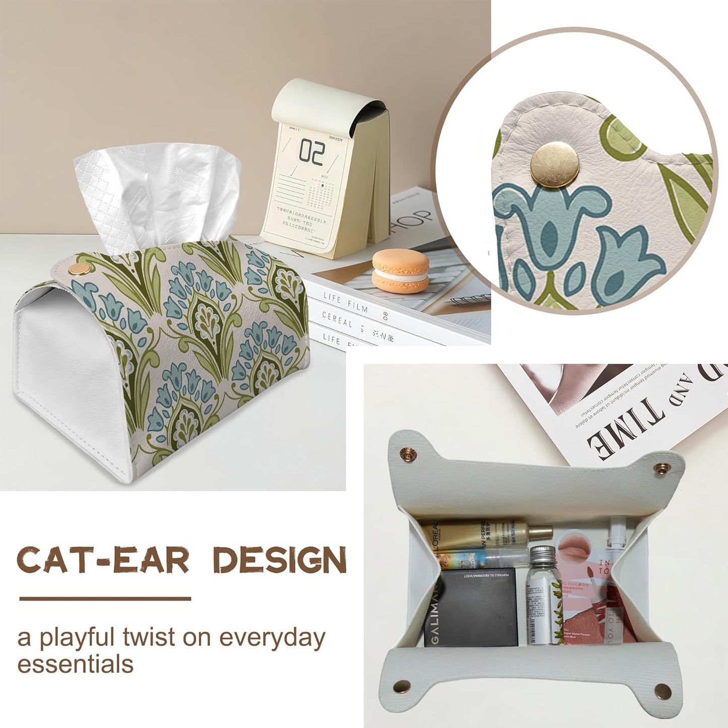 Green and Blue Floral Tissue Box Cover Holder – Rectangular Tissue Organizer, Decorative Napkin Box Case for Home, Office & Car