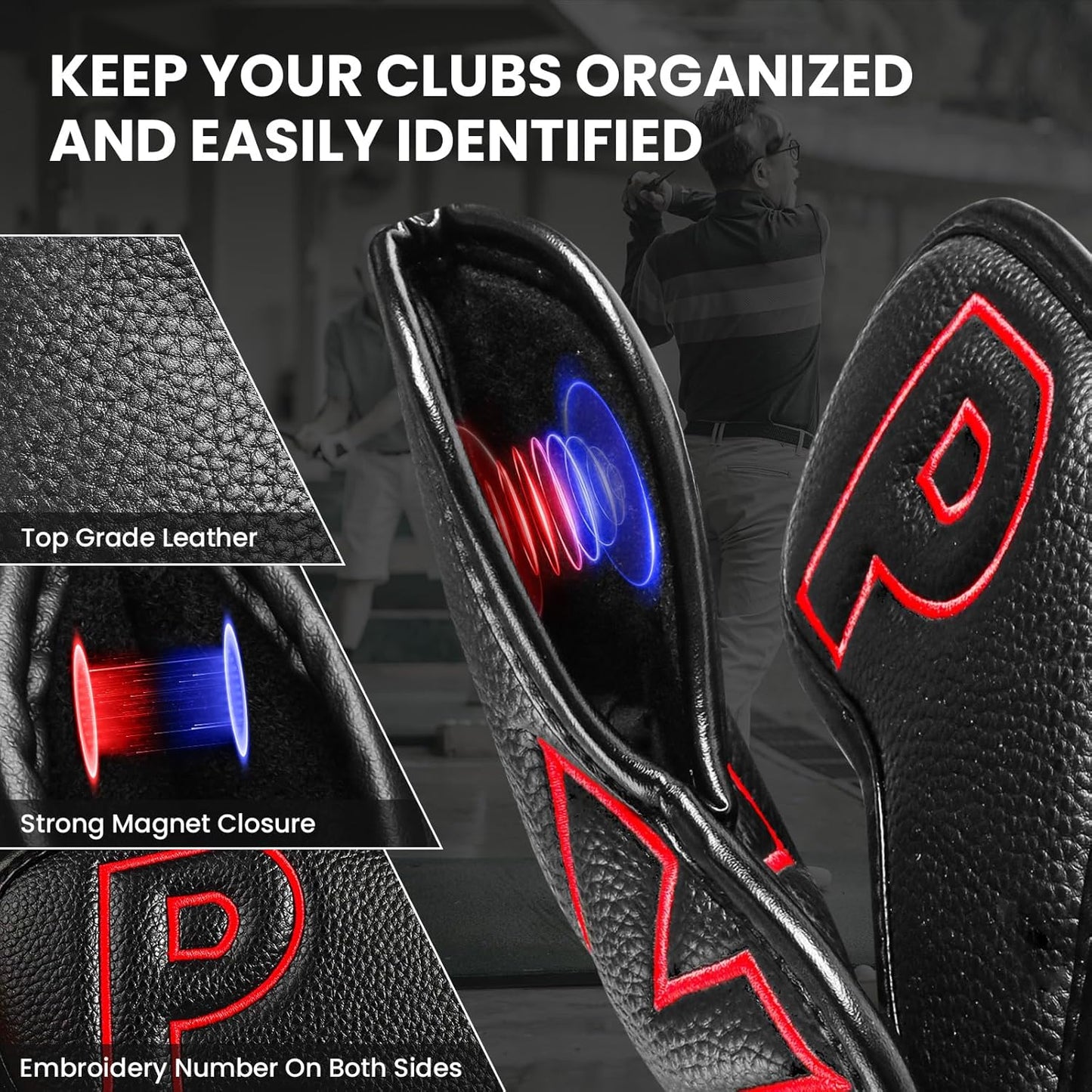 Golf Iron Covers Set Strong Magnetic Closure Value 10 Pack, Double Side Number Synthetic Leather Deluxe Club Headcover, Universal Head Cover Fit Main Irons Clubs for Women Men