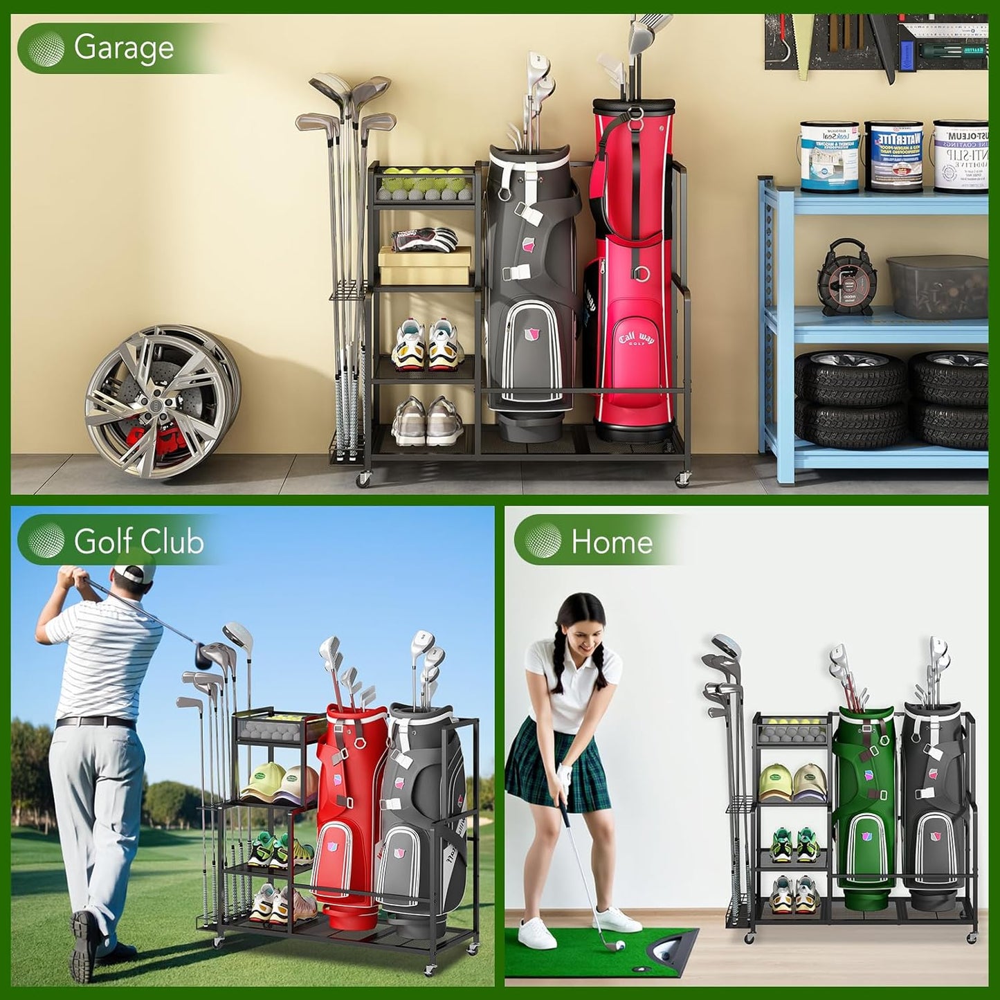 GILLAS Golf Bag Storage Garage Organizer, Golf Bag Stand Fit for 2 Golf Bags, Golf Equipment Accessories, Golf Bag Storage Rack with Wheels for Garage, Club, Shed, Basement
