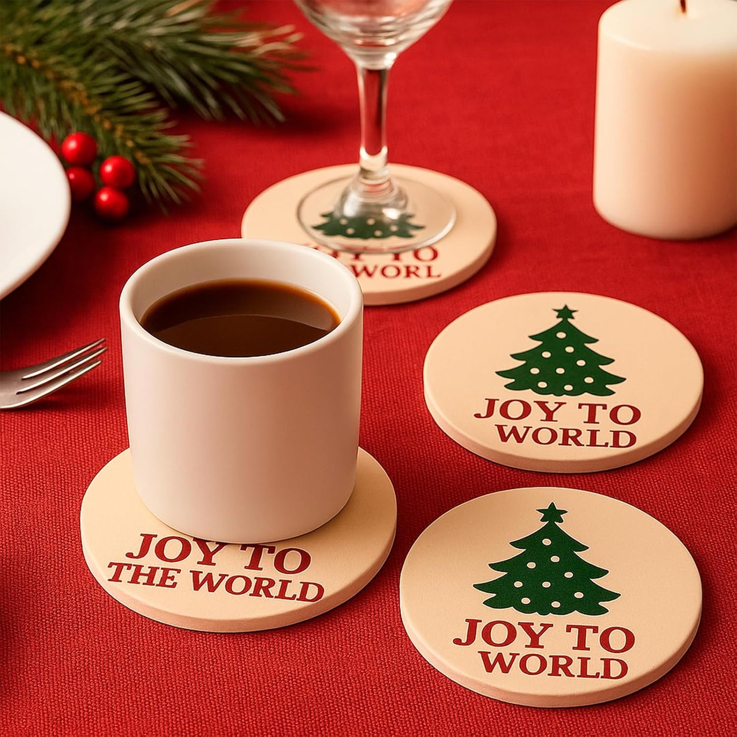 Joy to The World Christmas Coasters Set of 4, Christian Religious Ceramic Drink Coasters with Absorbent Stone & Cork Backing – Holiday Xmas Table Decor, Faith Gifts for Coffee Tea Wine, Housewarming