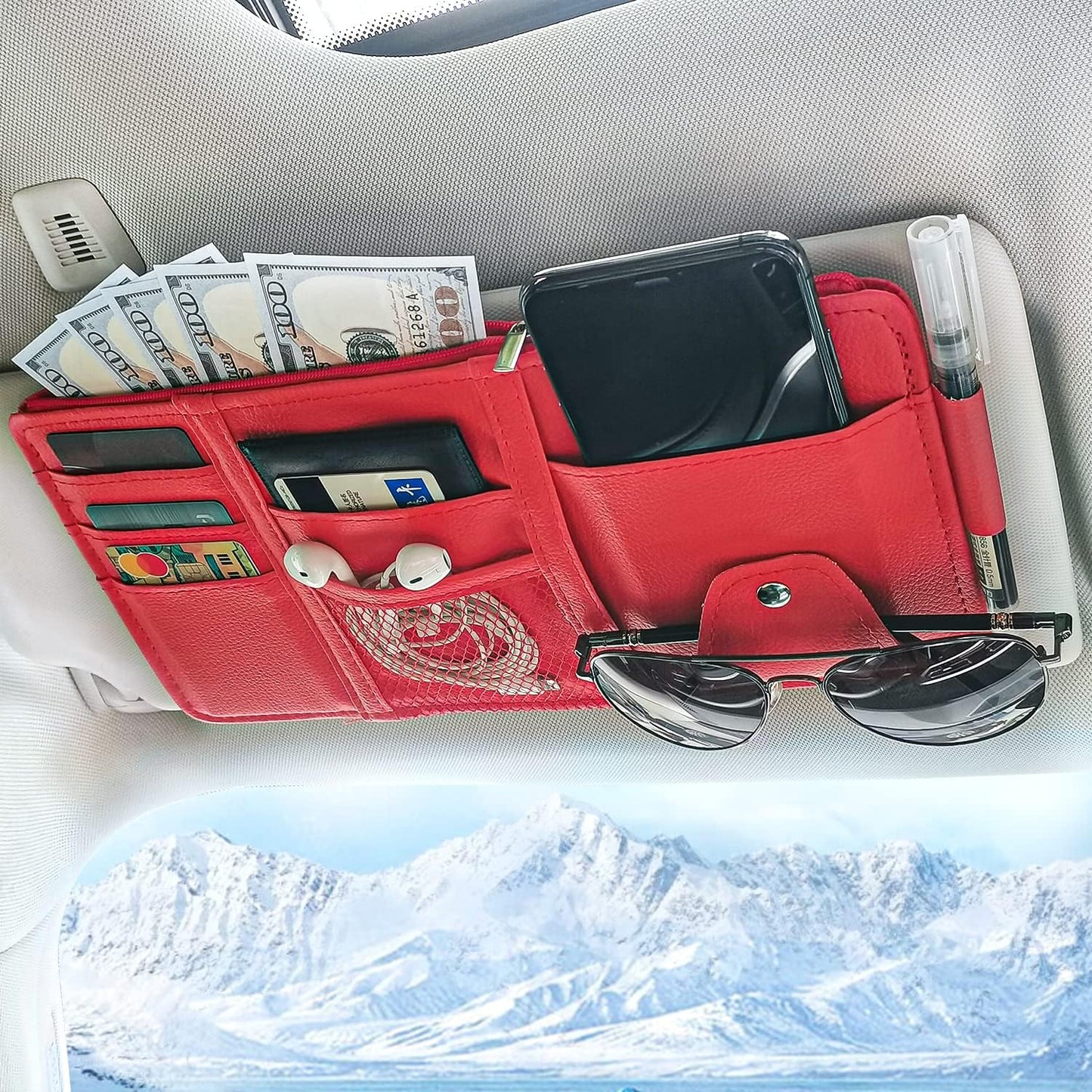 Keedolla Car Sun Visor Organizer with Multi-Pocket Net Zipper, Truck Visor Organizer Storage Pouch Holder for Cards, Pens, Sunglasses, CD Holder - Red