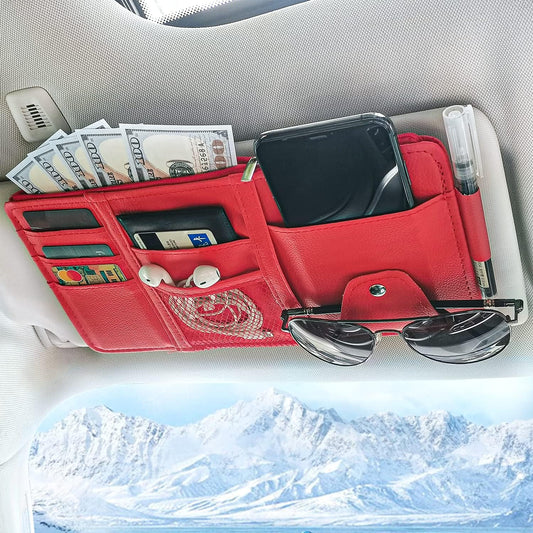 Keedolla Car Sun Visor Organizer with Multi-Pocket Net Zipper, Truck Visor Organizer Storage Pouch Holder for Cards, Pens, Sunglasses, CD Holder - Red