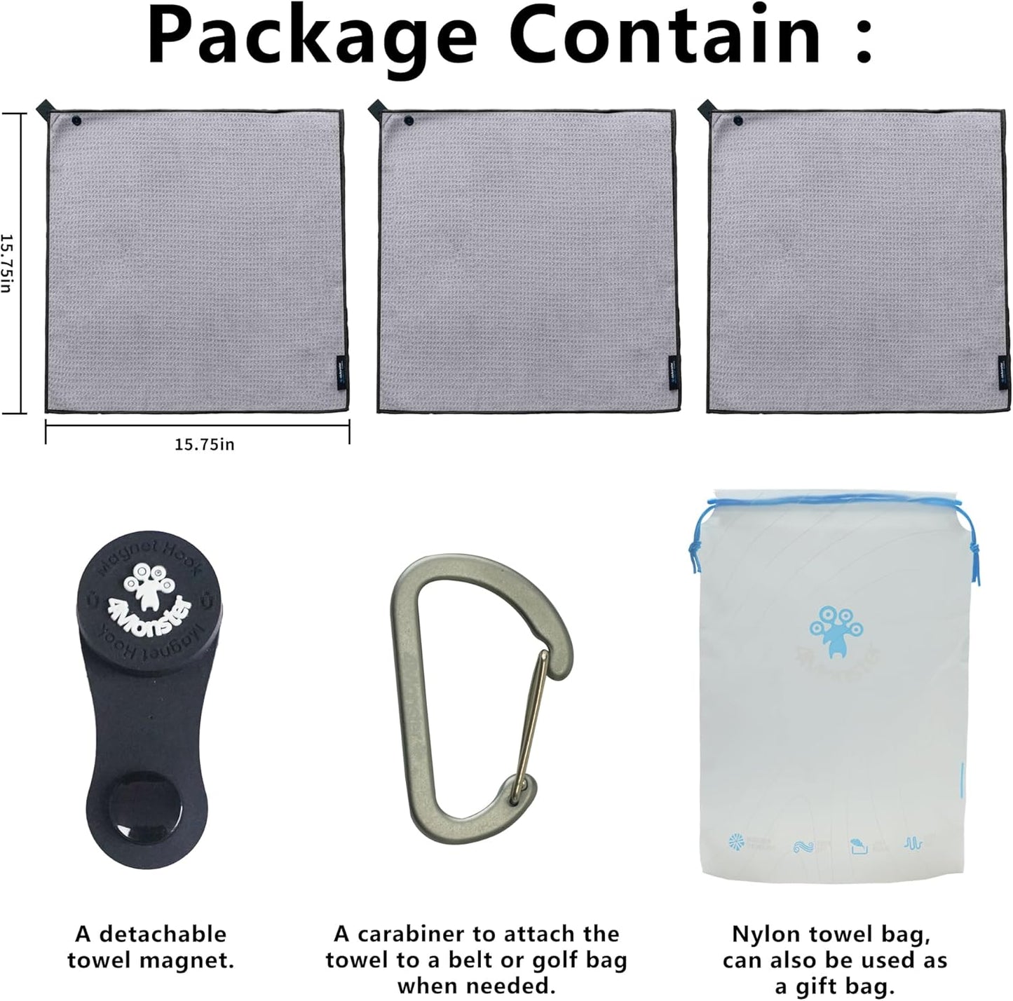 4Monster Golf Towels 3-Pack with Detachable Magnet and Portable Pouch, Quick-Dry Microfiber Golf Towel Set for Golf Bags,Custom Towel Gifts for Men or Women (3, Grey)