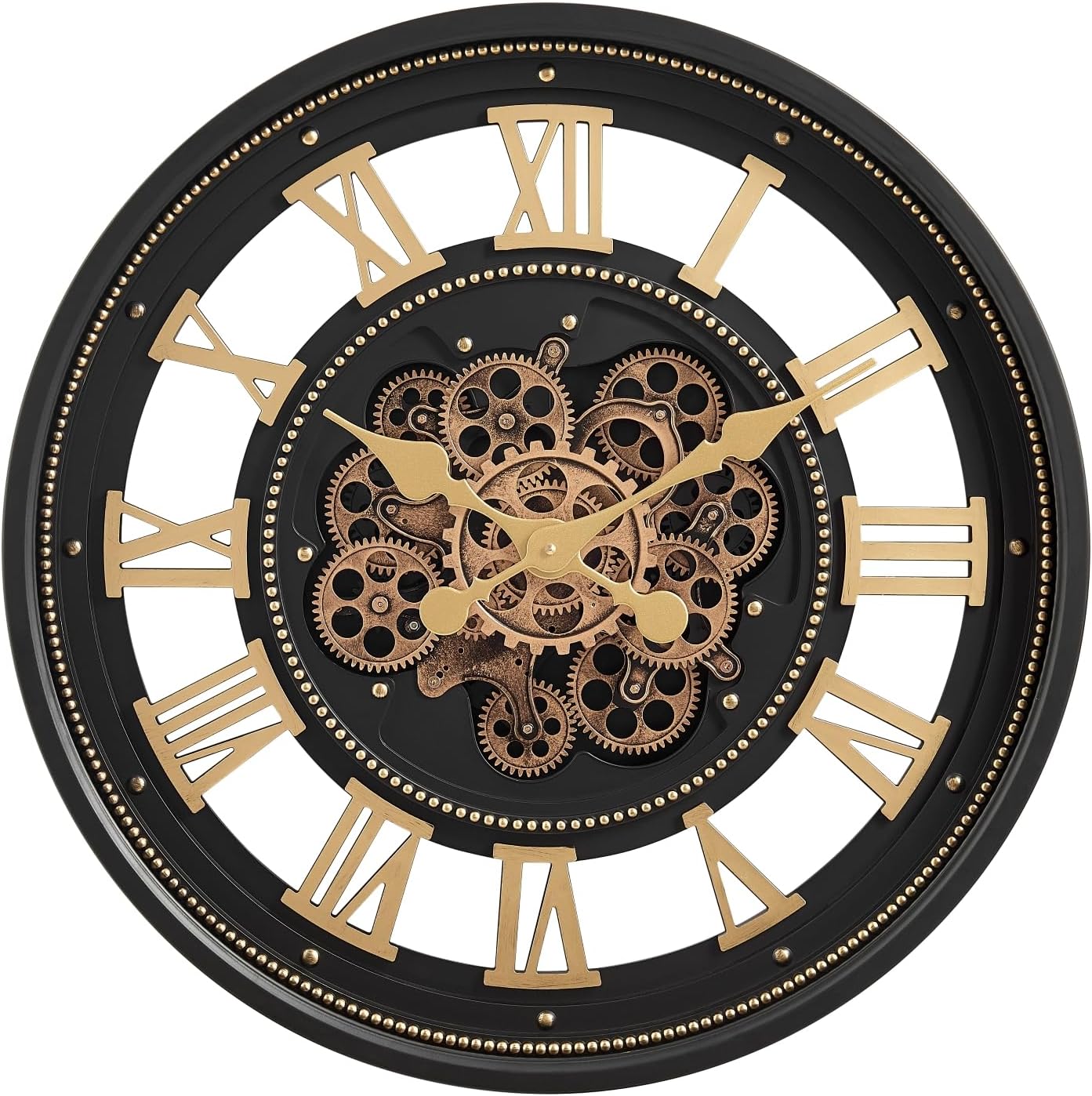 CLXEAST 24 Inch Wall Clock with Moving Gears, Large Roman Numeral Gear Clock for Living Room Decor,Modern Black& Gold Finish,House Warming Gifts New Home