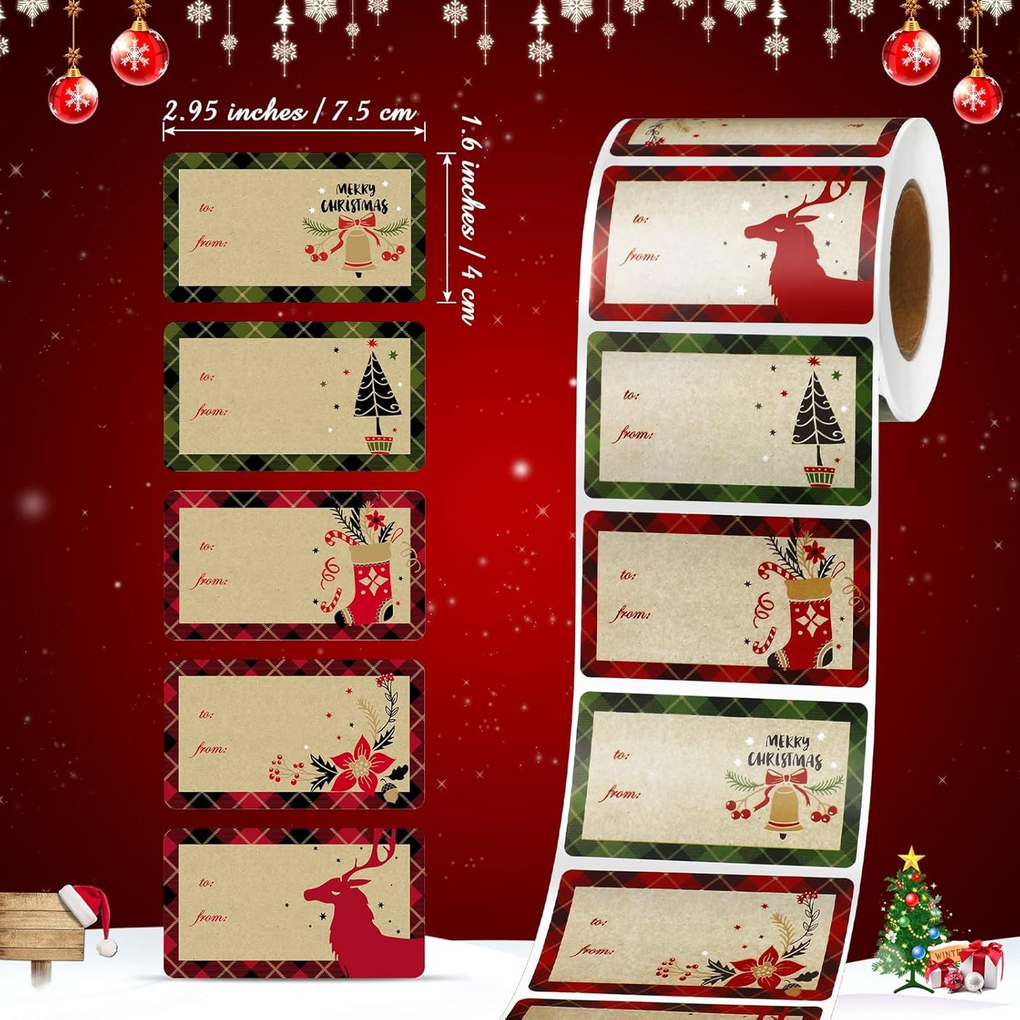 Outus 500 Pieces Christmas Tags Self Adhesive Gift Tags for Xmas Presents Christmas Name Labels Stickers for Wrapping Paper Festival Birthday Holiday Decor(Vintage Style,2.95 x 1.6 Inch)