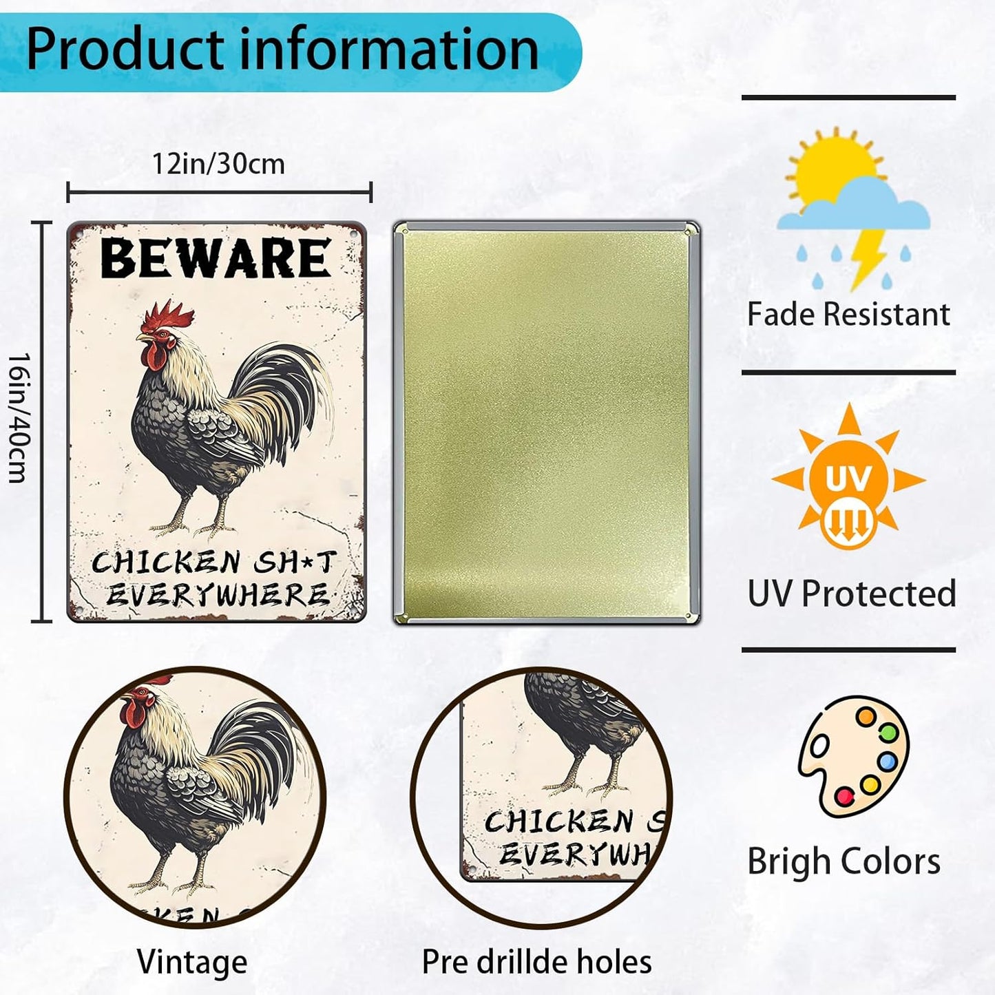 Beware Metal Sign Chicken Shit Everywhere Tin Sign Home Bar Pub 12x16 Inch Metal Restaurant Man Cave Wall Decor