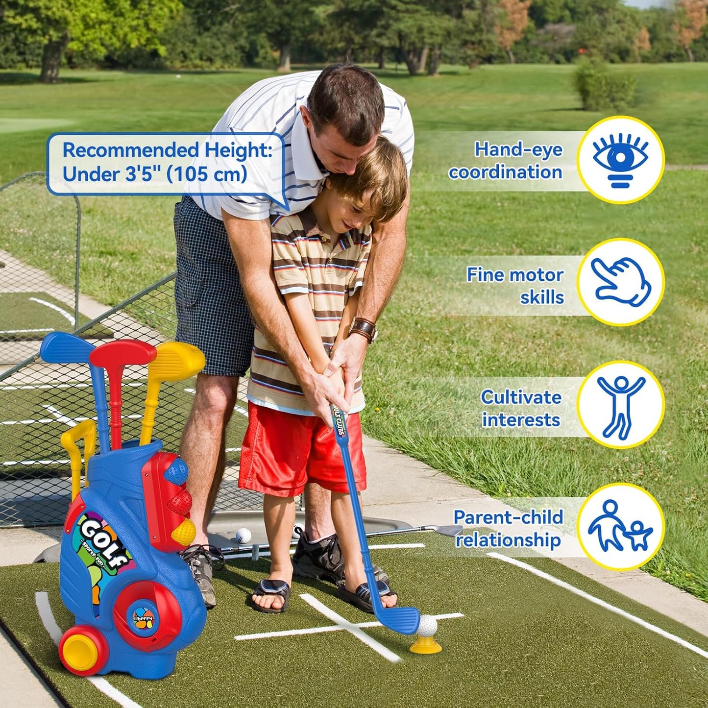 Liberry Toddler Golf Set with Putting Mat for 2 3 4 5 Years Old Boys Girls, Upgraded Kids Golf Cart with Unique Shoulder Strap Design, Indoor and Outdoor Golf Toys Christmas Gift
