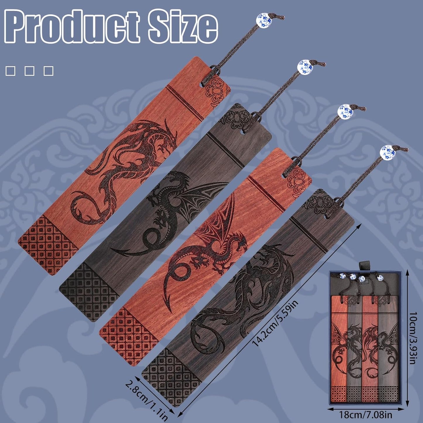 4Pcs Dragon Bookmark Gift, Wood Bookmark for Men Cool Book Marks Box Set Fantasy Christmas Gifts for Men Adults Kids (Dragon)