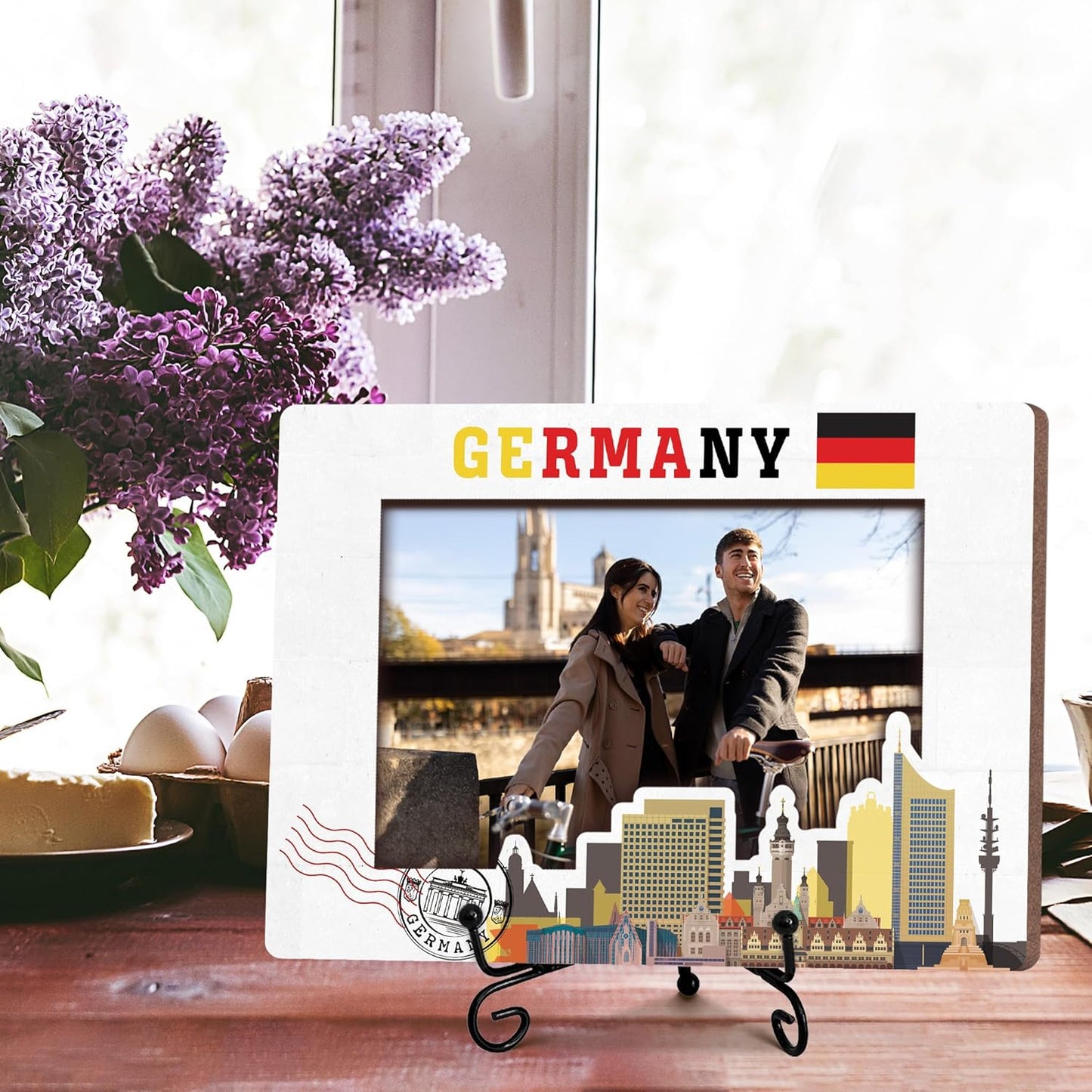 Germany Travel Picture Frame, 5 x 8 Germany Themed Wooden Photo Frame with Stand, Vacation Anniversary Honeymoon Gifts For Friend Family Couples, Home Office Desk Decorations-A04