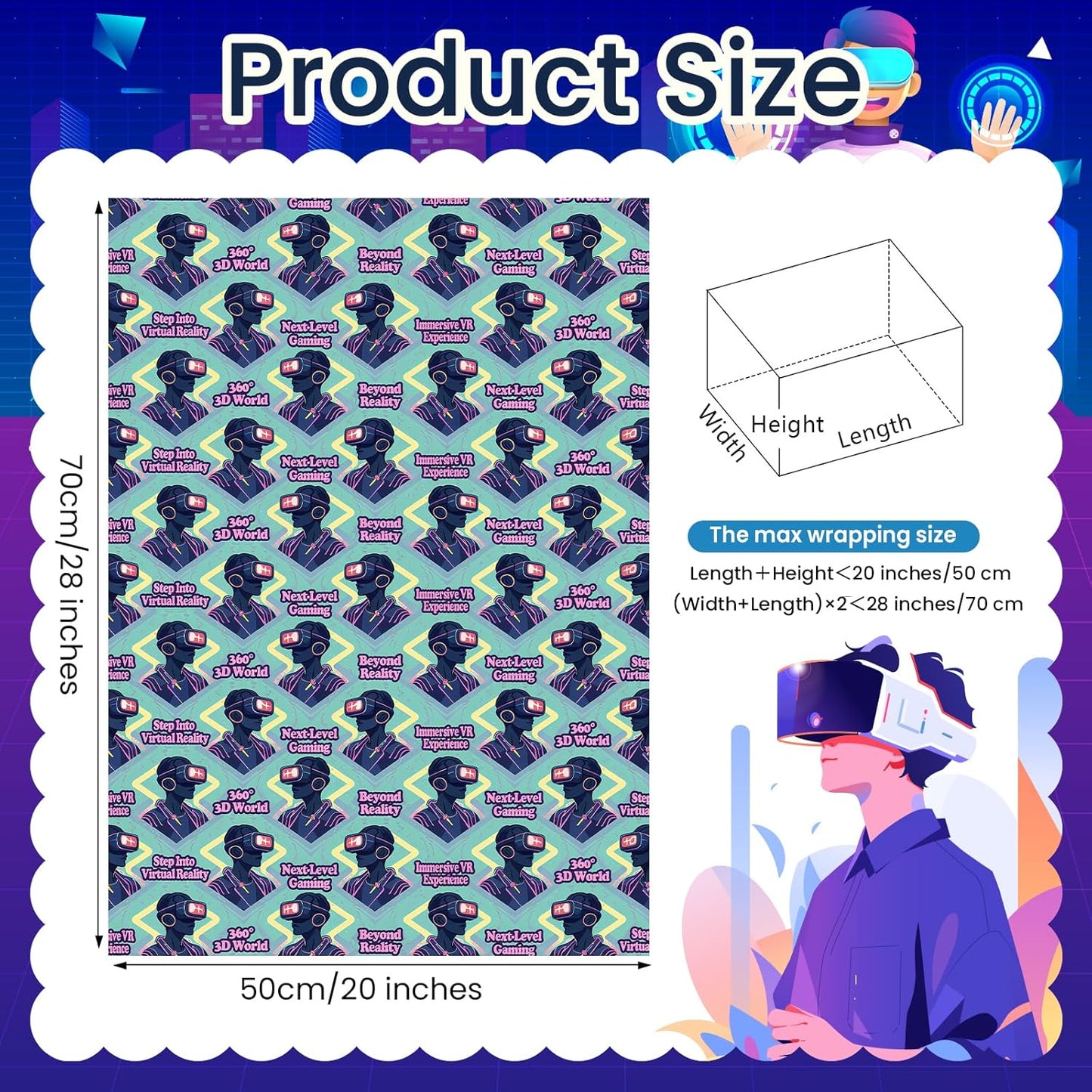 Pineraap VR Themed Wrapping Paper 12 Sheets Virtual Reality Gaming Gift Wrap for VR Lovers,Gamers,Tech Enthusiasts,20"×28"