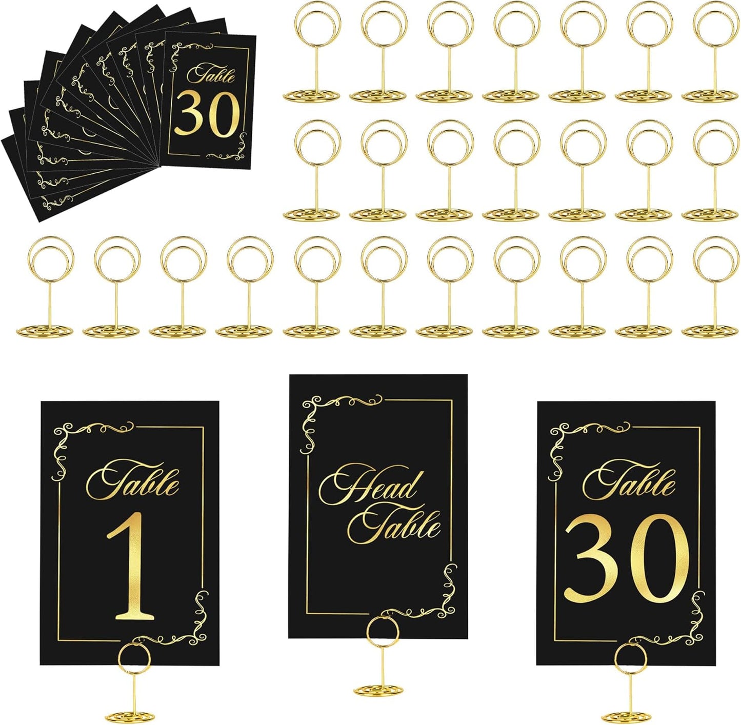 31 Sets Wedding Table Number 1-30 and Head Table Card with 31 Pcs Round Table Number Holders, Black Gold Table Number Cards with Place Card Holders, 4" X 6" Table Numbers Card for Wedding Reception