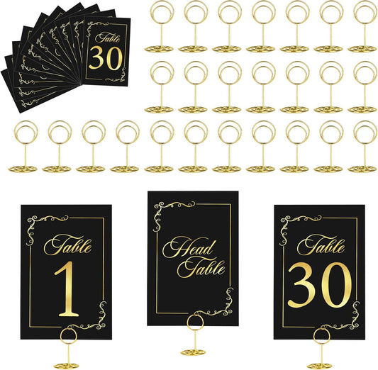 31 Sets Wedding Table Number 1-30 and Head Table Card with 31 Pcs Round Table Number Holders, Black Gold Table Number Cards with Place Card Holders, 4" X 6" Table Numbers Card for Wedding Reception
