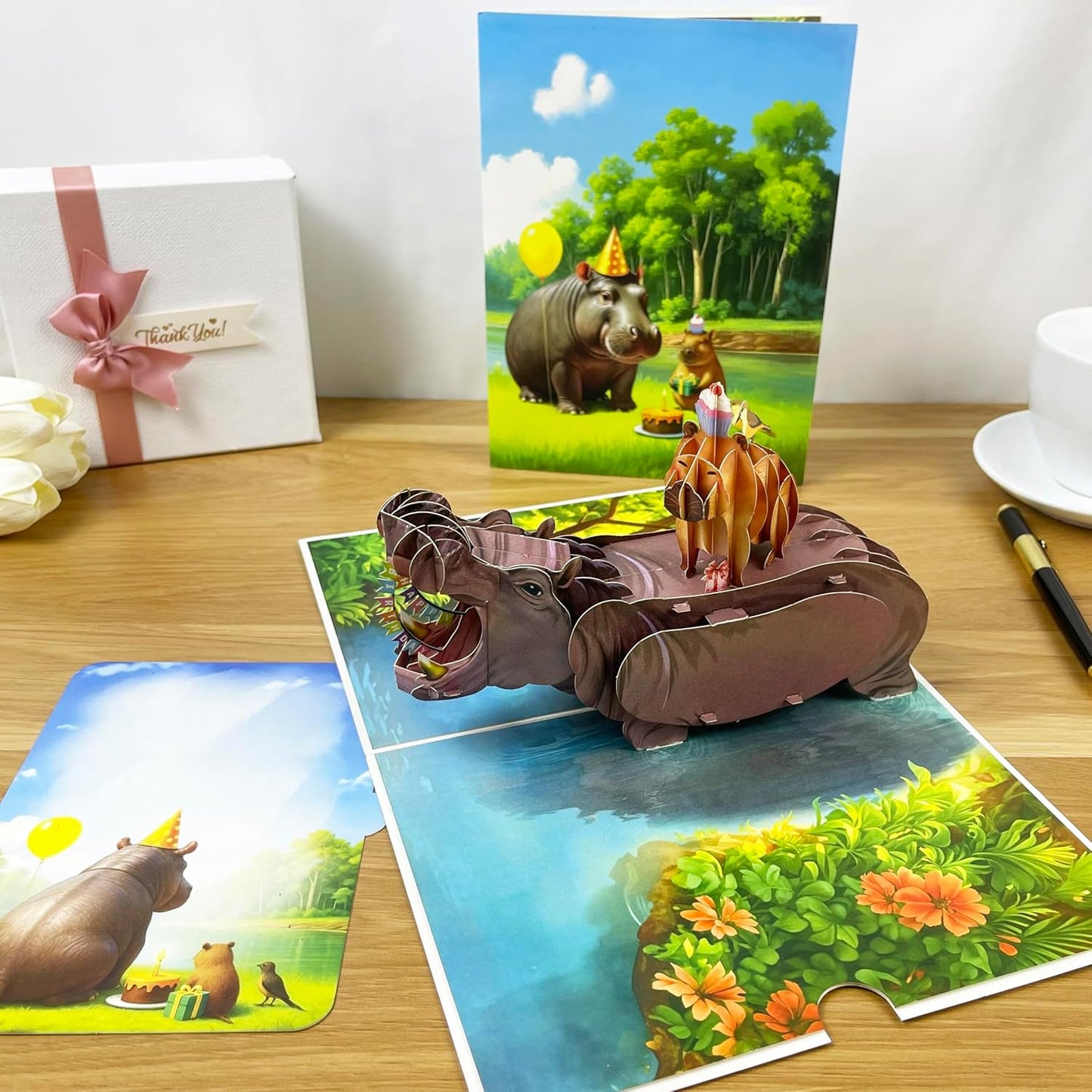 3D Capybara on Hippo Popup Card - Funny Handmade Animal Paper Art for Birthday, Anniversary, Christmas, Valentine’s Day - Unique Gift for Him, Her, Kids, Capybara & Animal Lovers