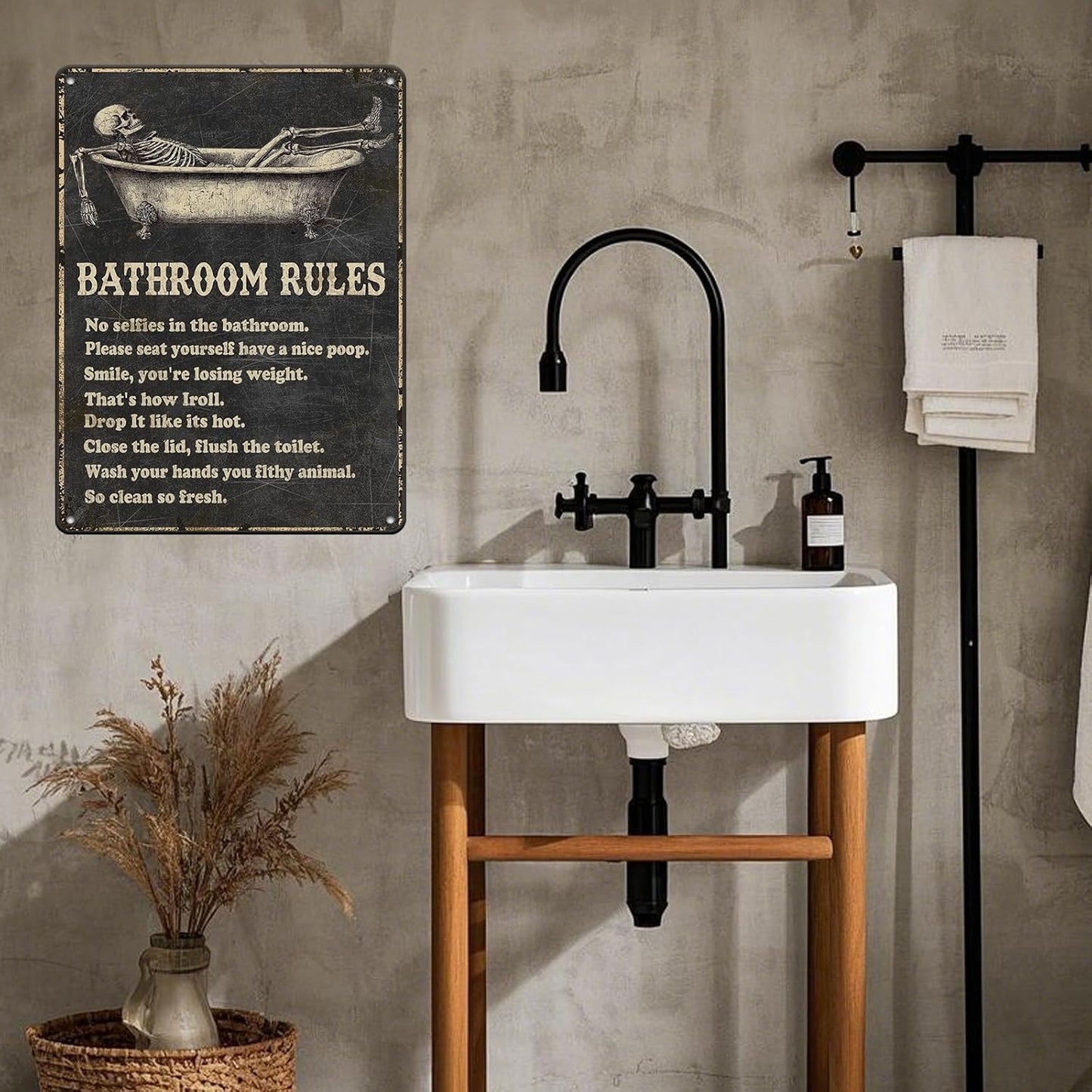 Funny Skull Bathroom Rules Metal Tin Sign Wall Decor - Vintage Bathroom Quote Tin Sign for Toilet Restroom Washroom Home Decor 12x16 Inch