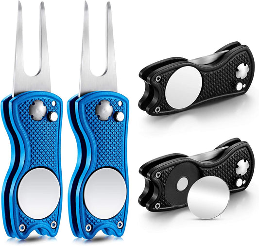 Skylety 4 Pcs Golf Divot Repair Tool Metal Foldable Golf Divot Tool with Magnetic Pop-up Button Ball Marker Stainless Steel Switchblade for Golfers Prizes