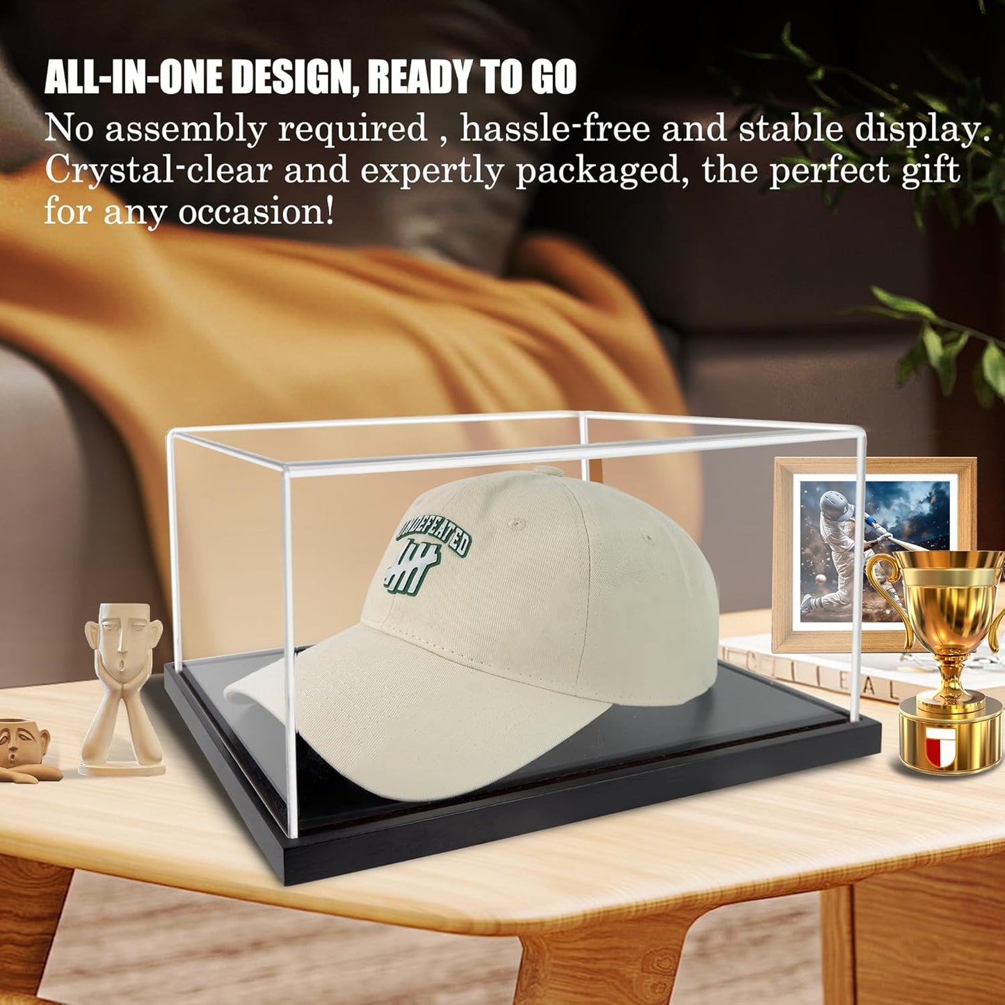Hat Display Case,Clear One-Piece Acrylic Baseball Cap Display Showcase with Solid Wood Base & UV Protection,Include Hat Shaper for Collectors,Signed Caps and Memorabilia Display,No Assembly Required