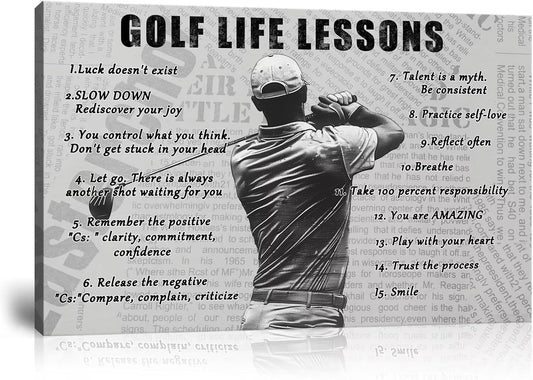 Golf Sports Wall Art Golf Life Lessons Wall Decor Golf Sign Retro Poster Boy Men Room Motivational Decorations Canvas Print Painting Artwork for Living Room Home Decorations Framed (24 x 36 inch)