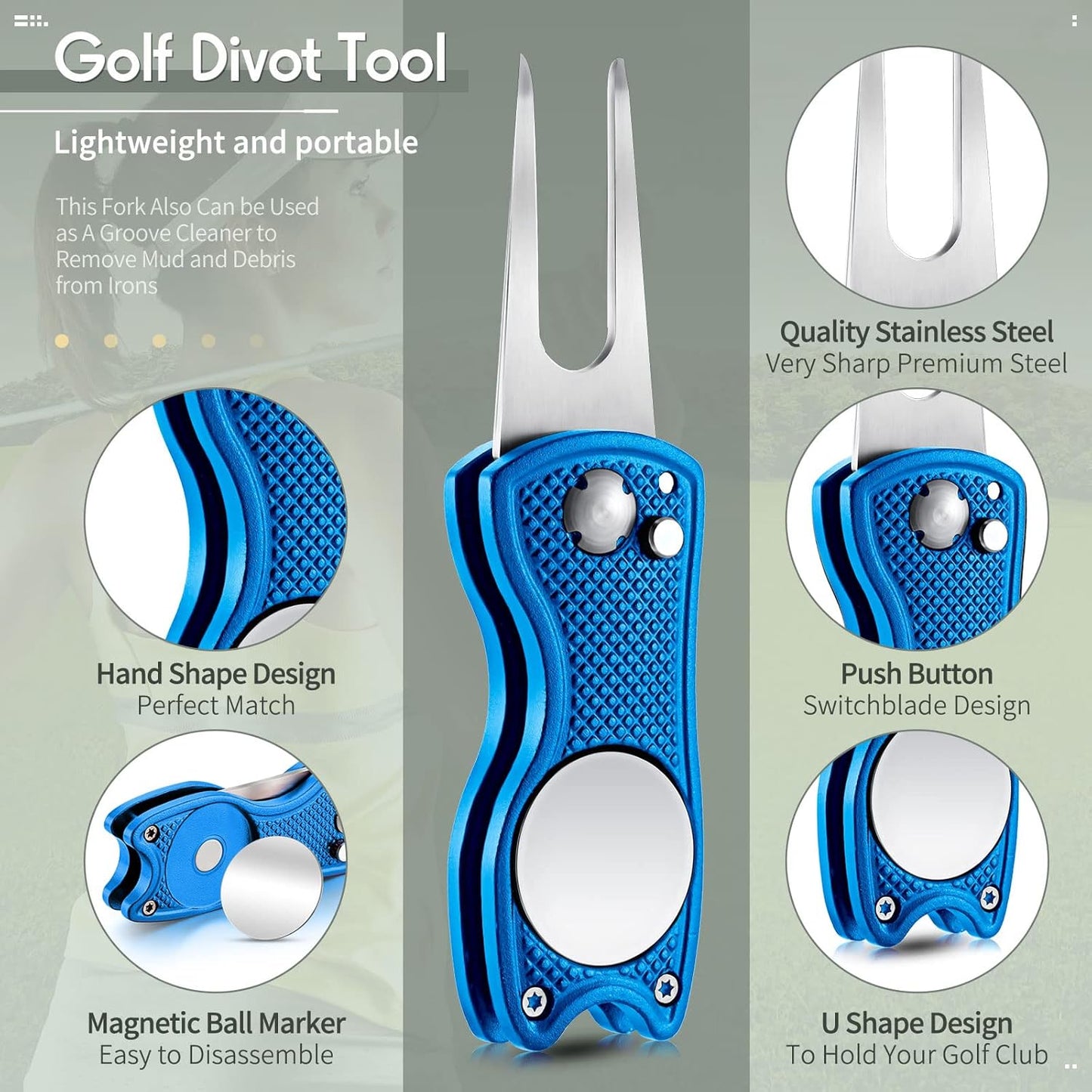 Skylety 4 Pcs Golf Divot Repair Tool Metal Foldable Golf Divot Tool with Magnetic Pop-up Button Ball Marker Stainless Steel Switchblade for Golfers Prizes