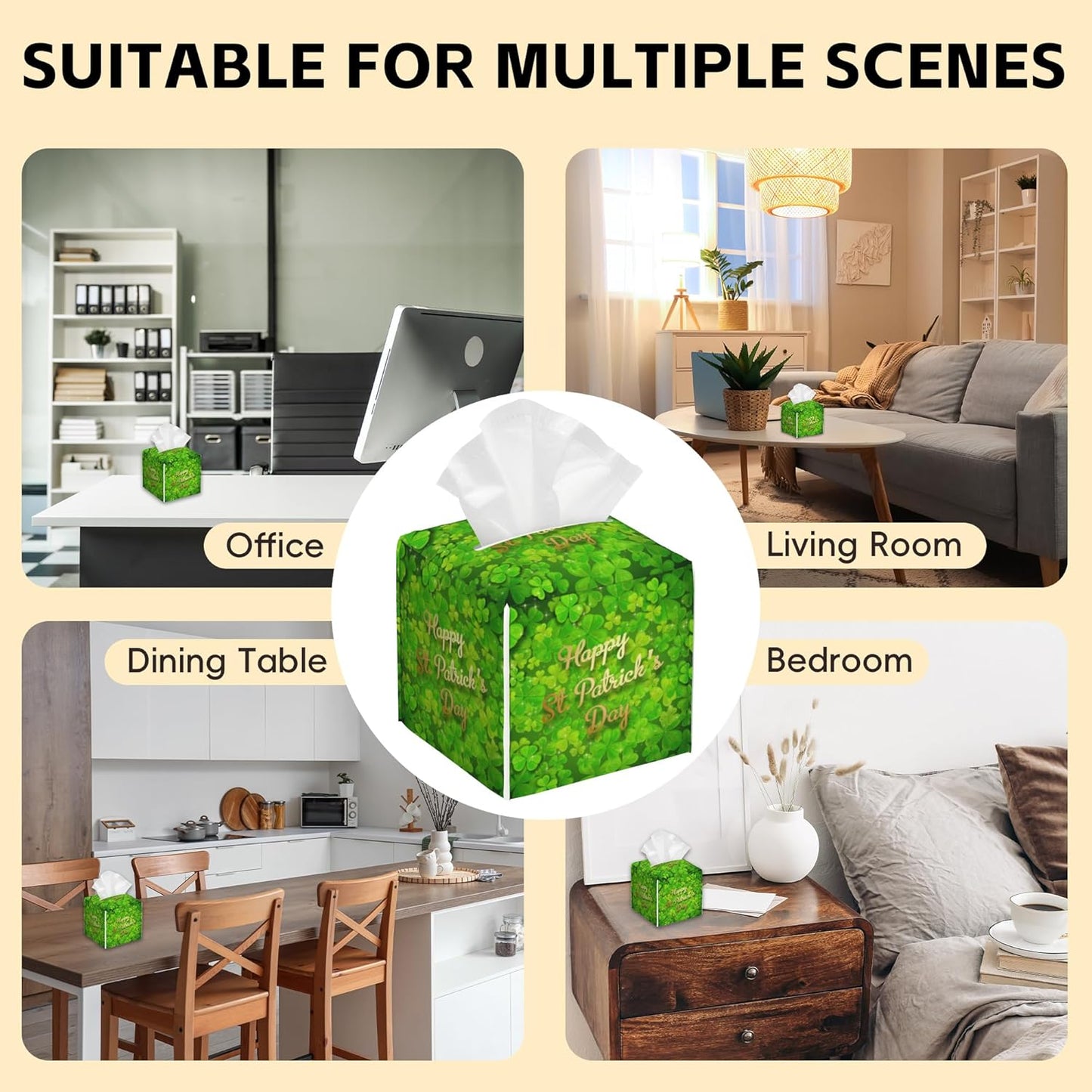 Tissue Box Cover Square,Happy St.Patrick's Day Tissue Box Holder Waterproof Leather Facial Paper Case Modern Home Decoration for Bedroom Dresser Night Stand Office Desk