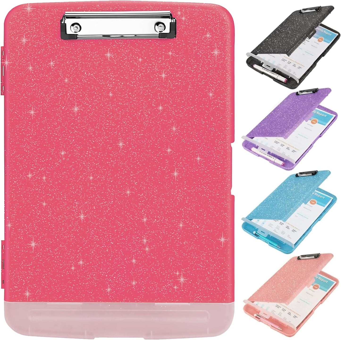 Glitter Clipboard with Storage,Storage Clipboard with Pen Holder,A4 Binder Clip Boards 8.5x11 with Low Profile Clip,Side Opening Sparkle Clipboards,Clipboards Folder for Office Supplies-Rose Red
