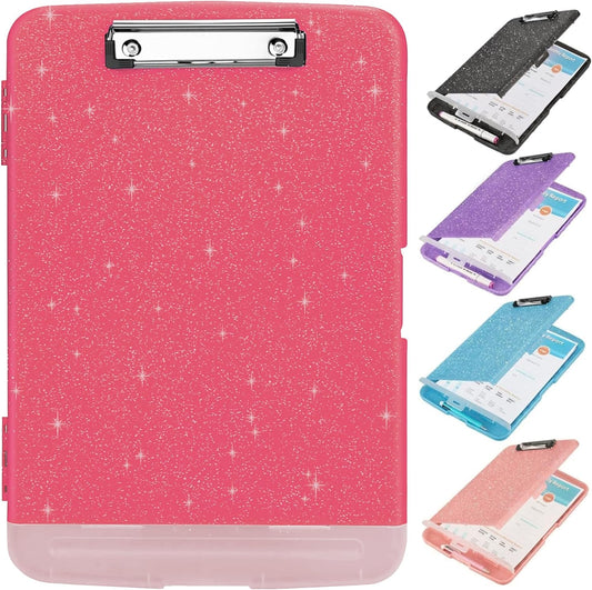 Glitter Clipboard with Storage,Storage Clipboard with Pen Holder,A4 Binder Clip Boards 8.5x11 with Low Profile Clip,Side Opening Sparkle Clipboards,Clipboards Folder for Office Supplies-Rose Red