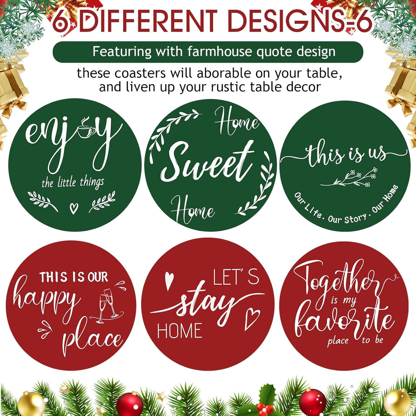 Queekay Housewarming Gifts for Home Decoration Wooden Heart Coasters for Drinks 6 Set Farmhouse Coasters with Holder Funny for Family Coffee Table Protection, 4''(Red,Green)