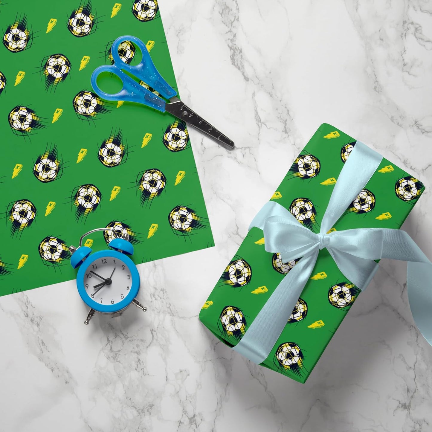 WAPLIGHAL Soccer Wrapping Paper - Green Background with Dynamic Soccer Ball and Lightning Bolt Design - 28 x 40 Inches - Perfect for Birthdays, Holidays, and Sports Events