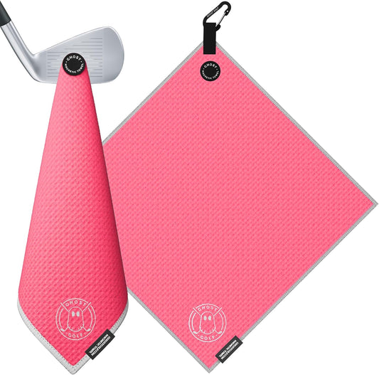 Ghost Golf Magnetic Towel (Greenside) - Premium Ultra-Absorbent Microfiber Golf Towel with Magnet for Golf Carts or Clubs - 18" x 18" Golfing Gear - Waffle Weave Pattern (Hot Pink)