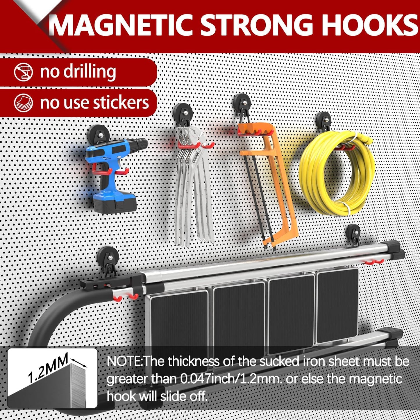 3-H Heavy Duty Magnet Garage Hooks 2 Pack, Extra Large Strong Magnetic Hooks for Hanging Cordless Power Drill, Utility Magnetic Tool Holder for Metal Cabinet, Steel Pegboard, Toolbox, Garage(Red)