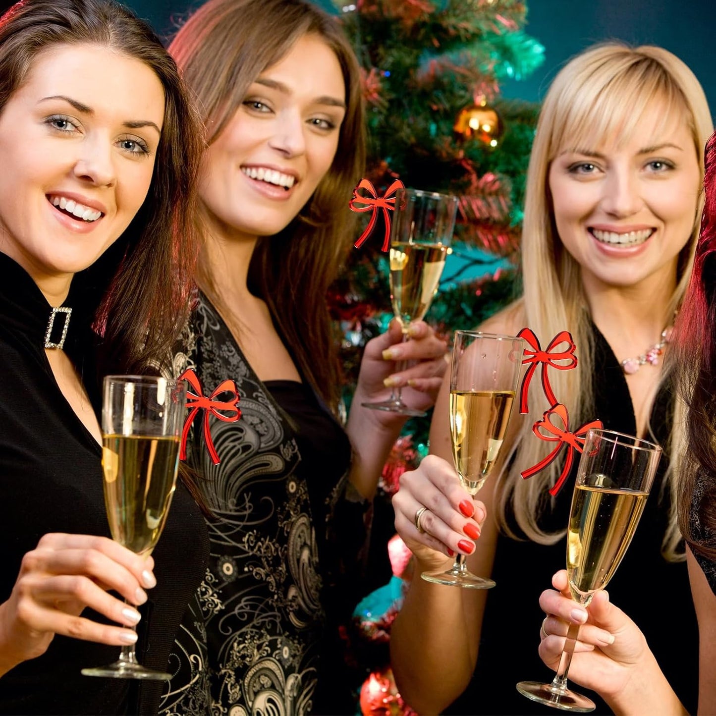 50 Pcs Bow Drink Tags Mirror Bow Markers Christmas Bowknot Decorations Themed Party Favors Coquette Acrylic Cocktail Tag for Bachelorette Birthday Wedding Party Decor Accessory