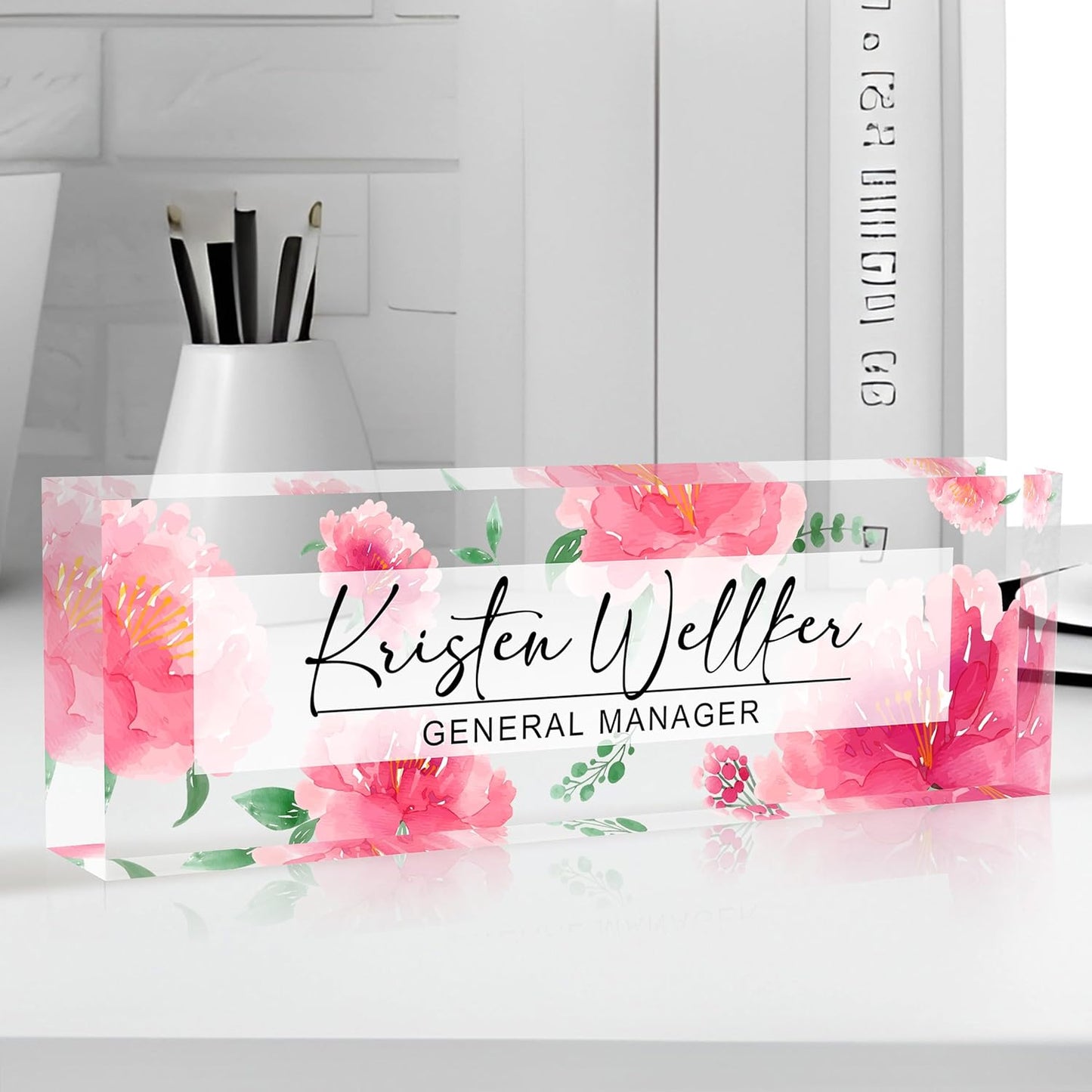 Personalized Name Plate for Desk Custom Acrylic Desk Name Plate Custom Employee Appreciation Gifts Office Gifts for Women, Men, Boss, Coworkers, Teacher, Nurse (Red Peony)