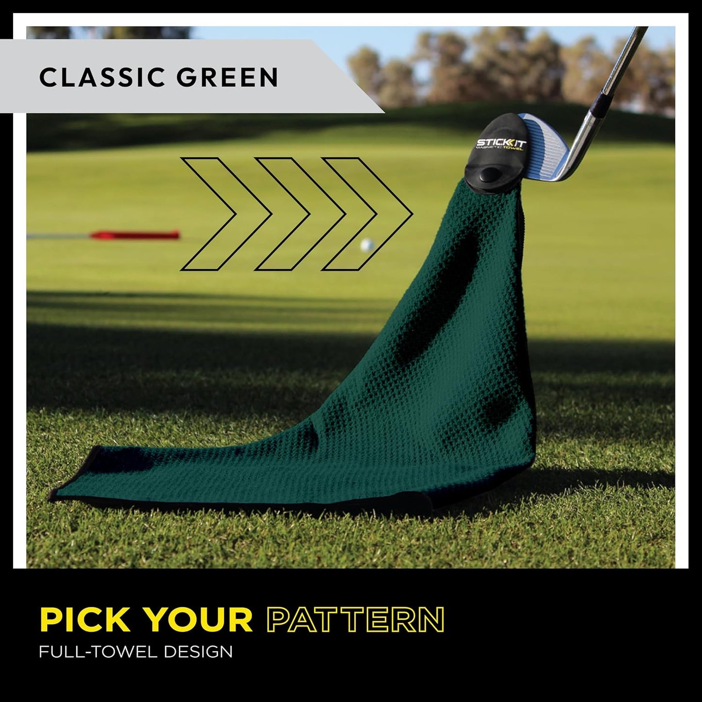 STICKIT Magnetic Golf Towel, Green, Premium 29" Microfiber with Deep Waffle Pockets, Industrial Strength Magnet for Secure Hold to Golf Carts & Clubs, Ultra-Absorbent, Fast-Drying, Easy-Clean Design