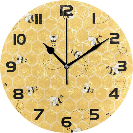 Animal Bee Honeycomb Wall Clock Silent Non-Ticking,Yellow Honeybee 9.5 Inch Round Wall Clock Battery Operated Bee Clock Decor for Home Wall Bathroom Kitchen Bedroom Living Room Office Classroom Patio