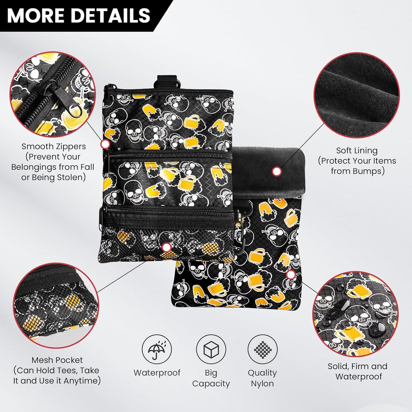 FINGER TEN Golf Pouch Bag for Valuables Tee Color with 4 Golf Pencil Pack, Zippered Pocket Gear Clip Hook to Bag