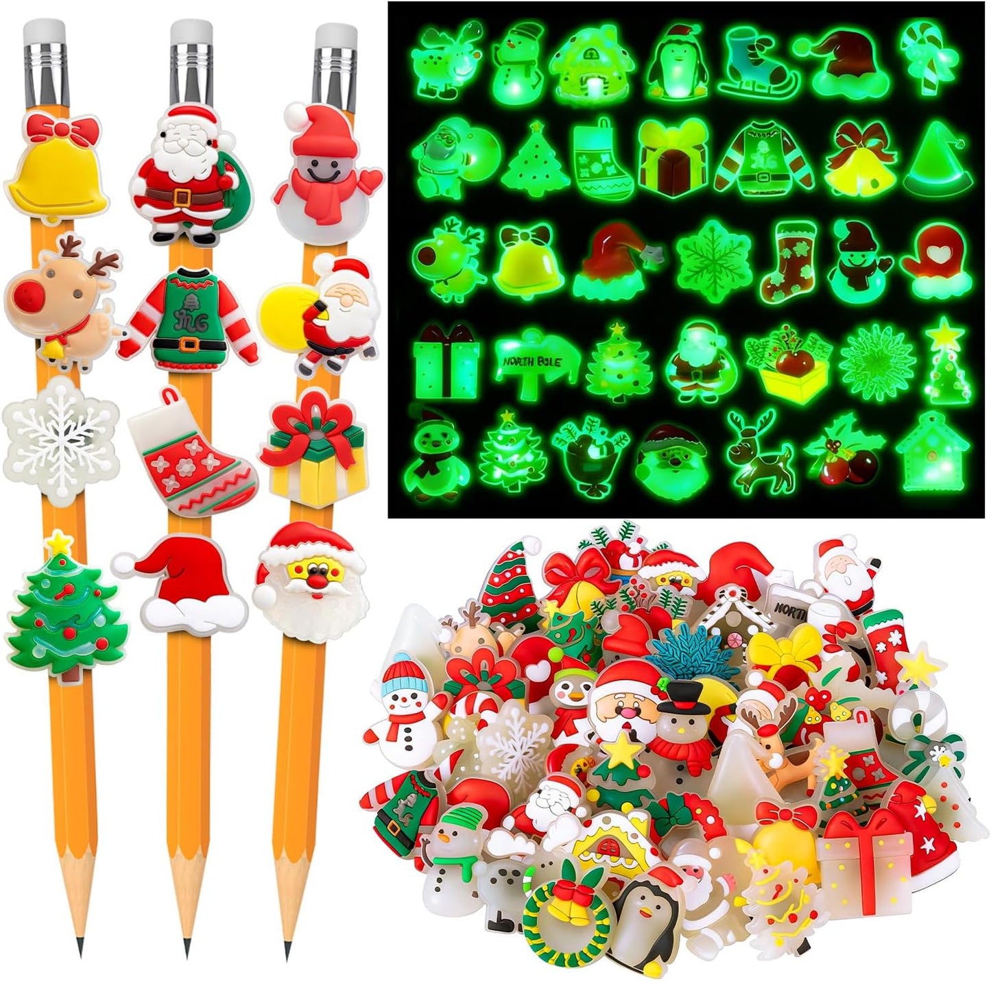 WDAHDHP Christmas Glow in the Dark Pencil Clips, 50Pcs Cute Luminous Pencil Charms Topper for Kids Students School Gifts Classroom Rewards