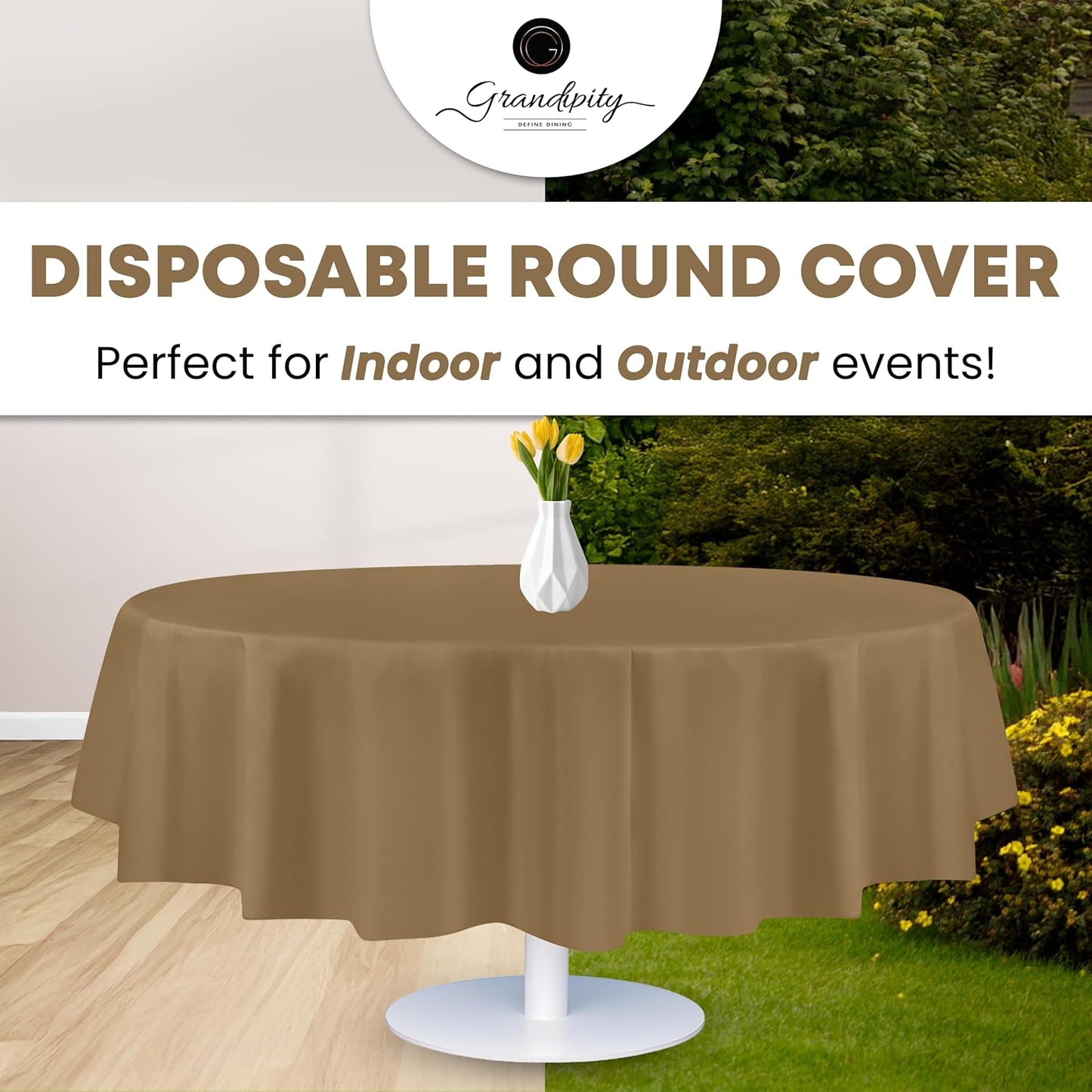Grandipity 12 Pack Premium Disposable Plastic Tablecloth 84" Inch Decorative Round Table Cover - Gold