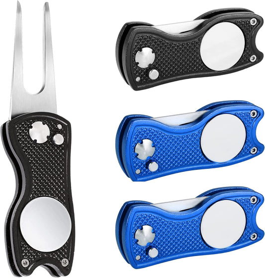 Mile High Life Golf Divot Repair Tool, All Metal Foldable Divot Tool with Pop-up Button & Magnetic Ball Marker, 2-6 Pack